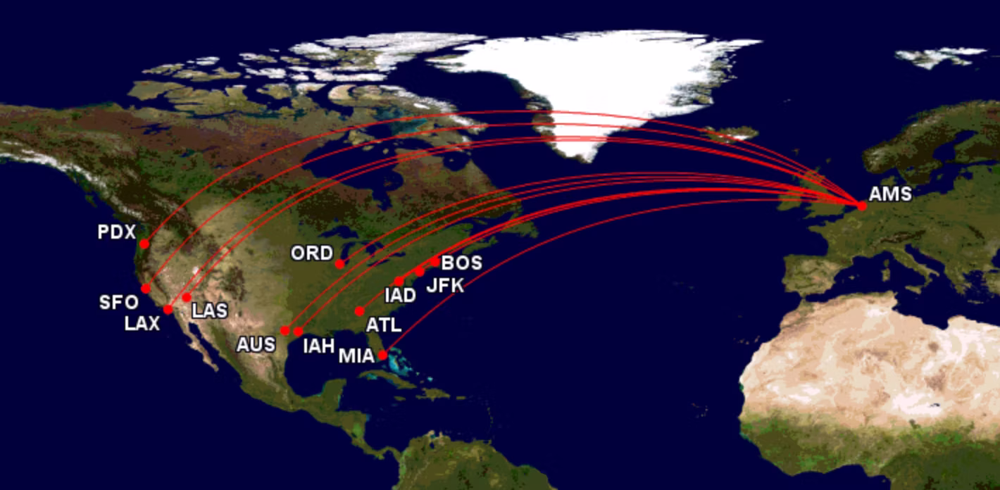 KLM's network in the US during the winter season