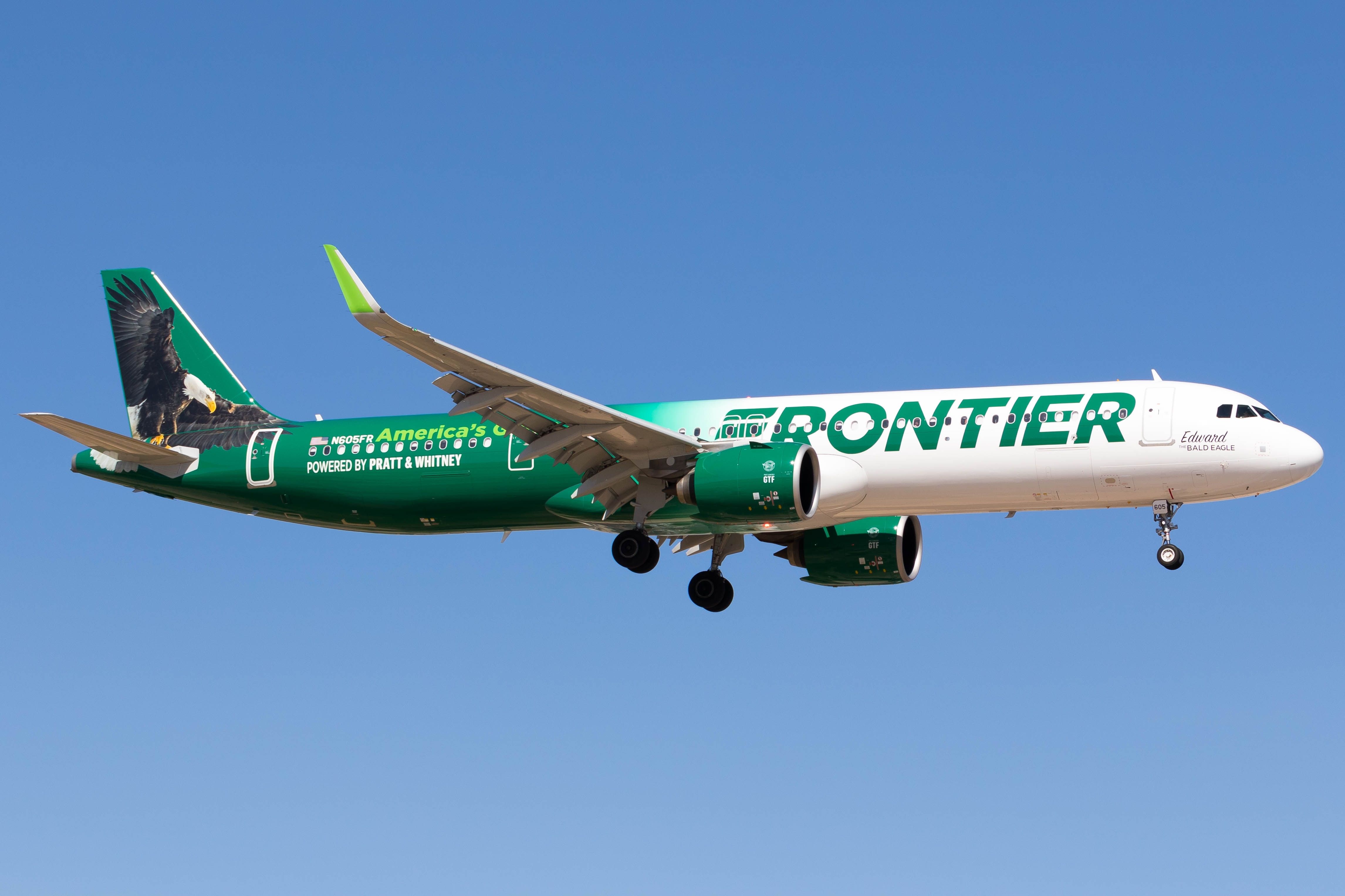 Frontier Airlines Airbus A321neo "America's Green Airline" N605FR landing at Harry Reid International Airport.