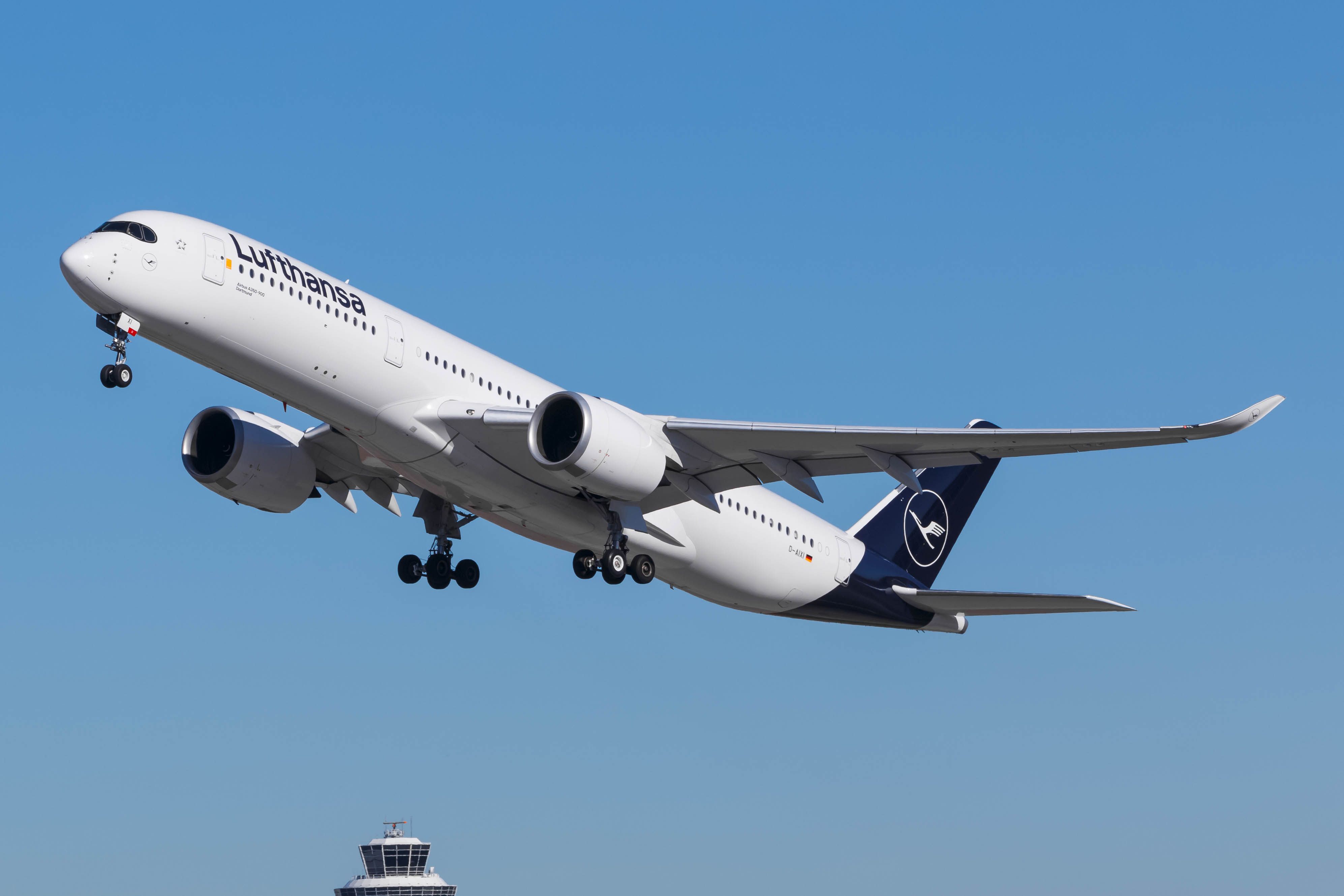 Lufthansa Airbus A350-900 departing Munich Airport MUC shutterstock_1602290323