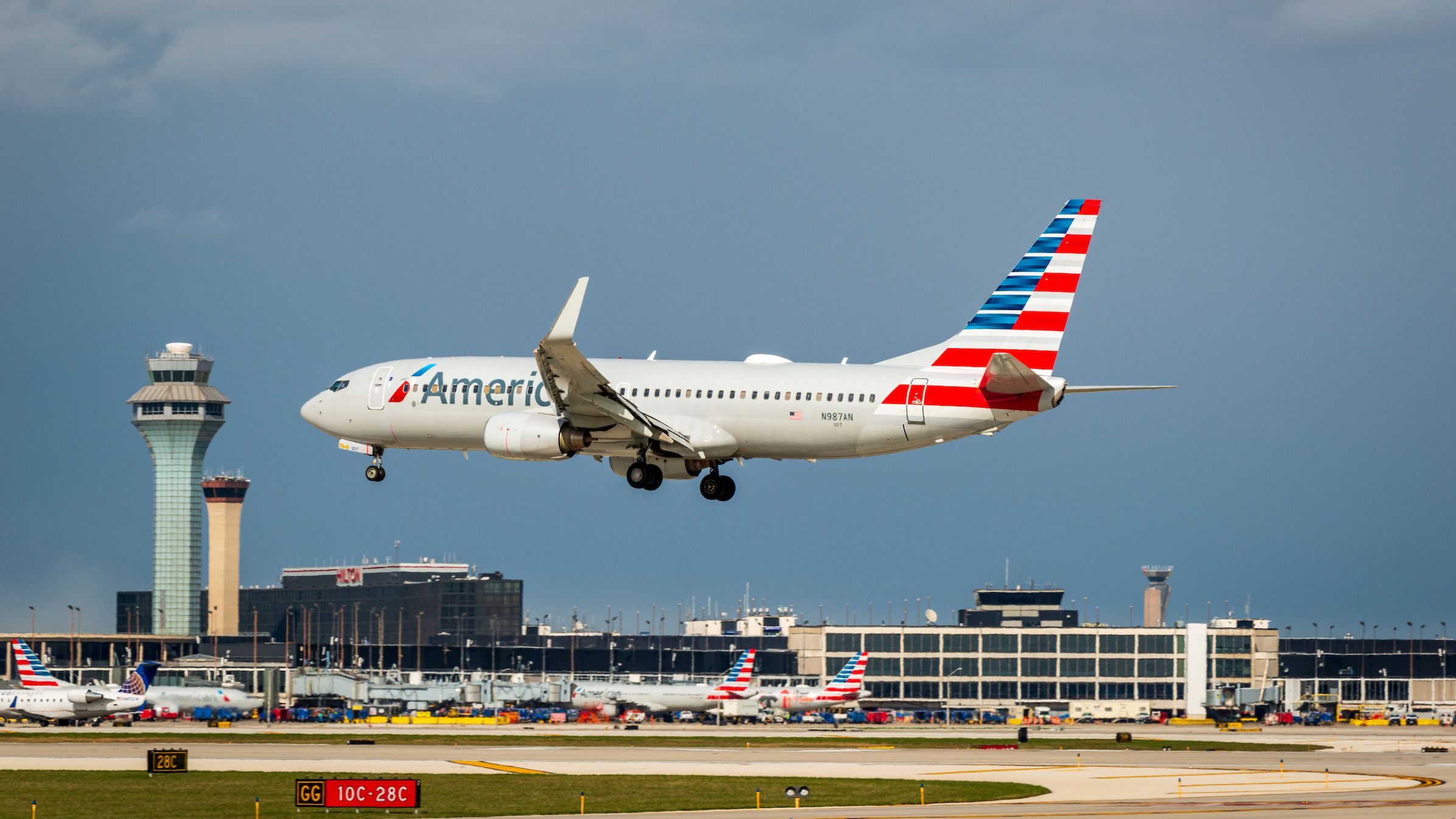 An American Airlines plane landing in Chicago