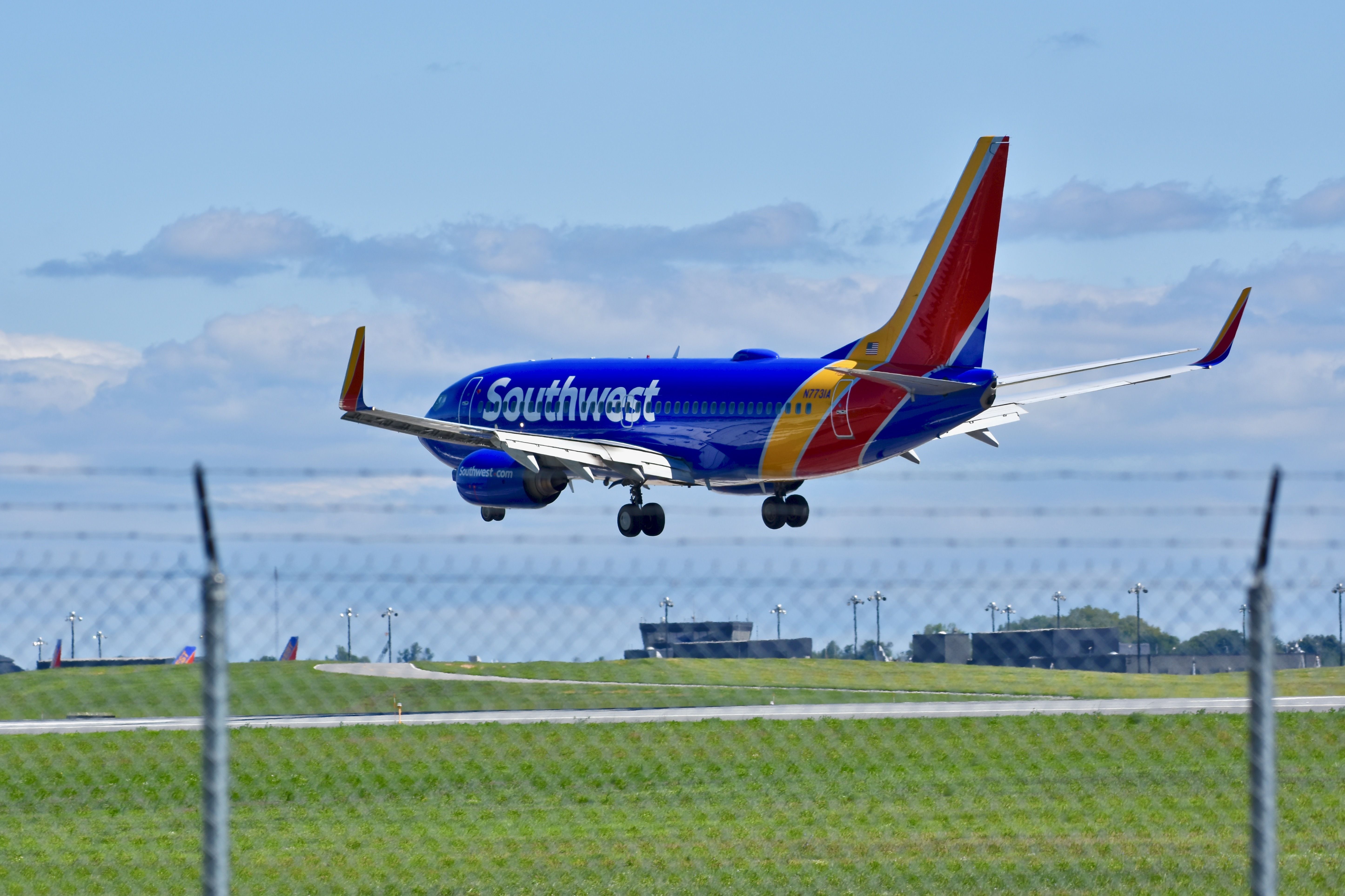 A Southwest plane landing at Baltimore Airport.