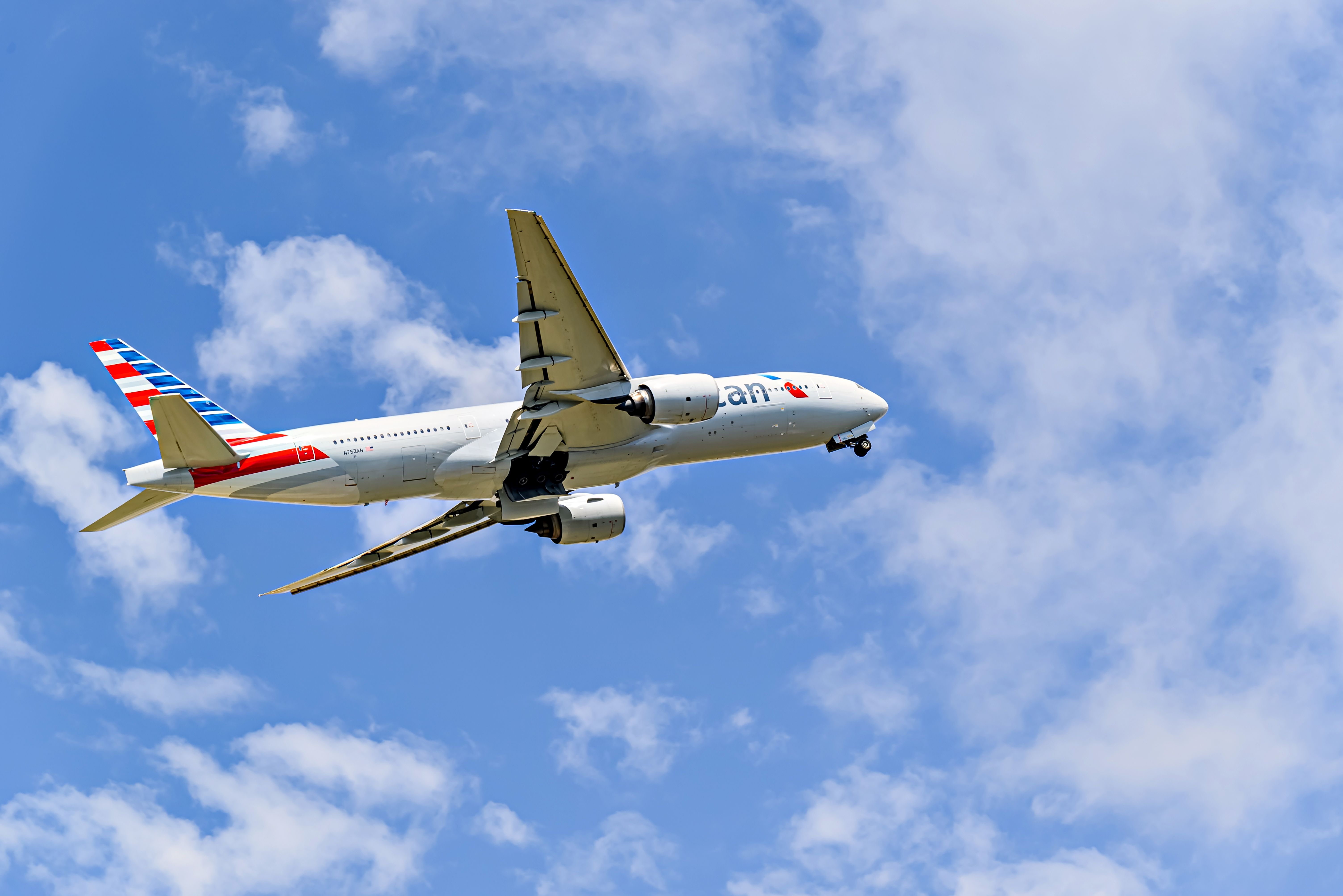  Boeing 777 airplane of the American Airlines company, taking off from the Josep Tarradellas airport in Barcelona-El Prat (BCN)
