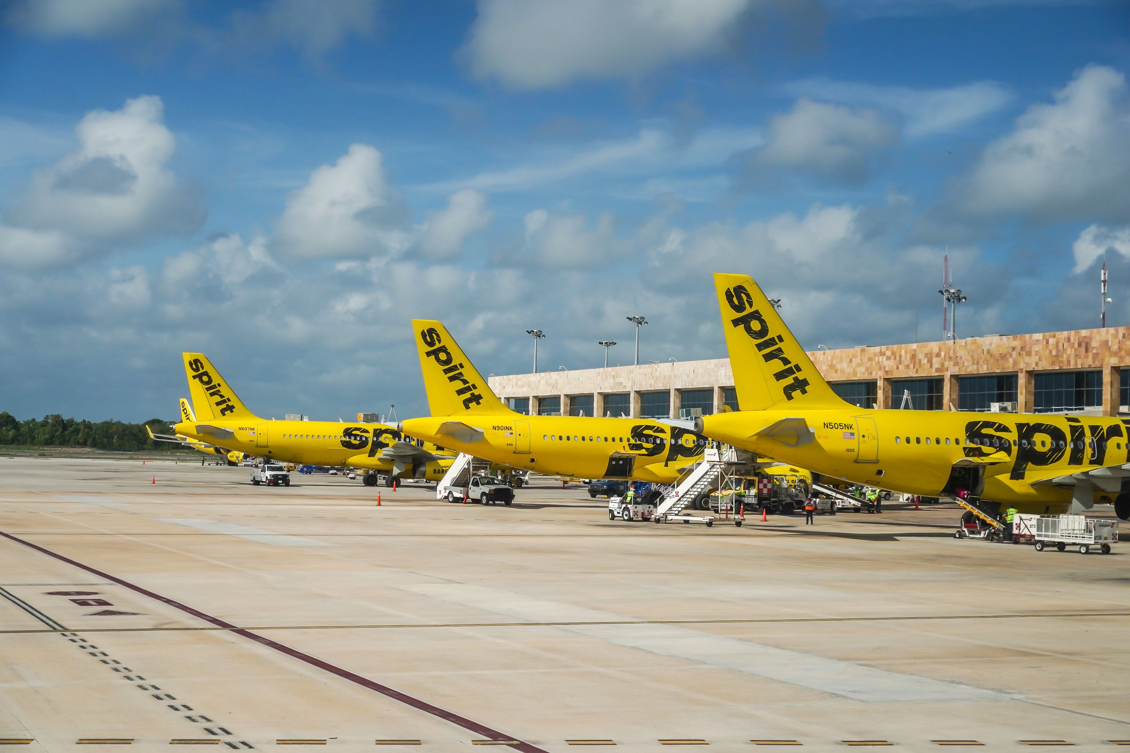 Spirit Airlines aircraft in Cancun, Mexico shutterstock_2270944871