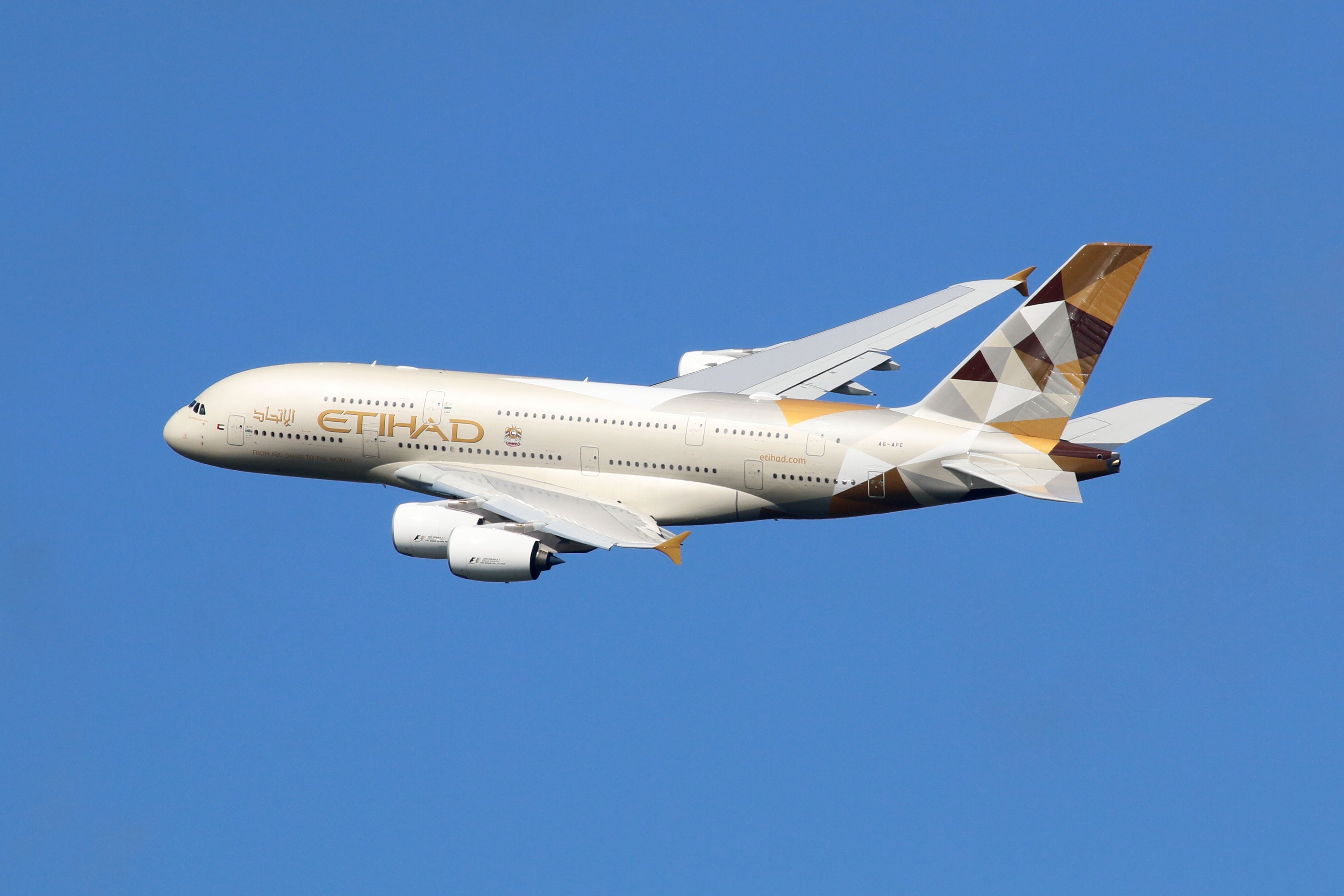 Etihad Airways Airbus A380 departing London Heathrow Airport LHR shutterstock_2209616649