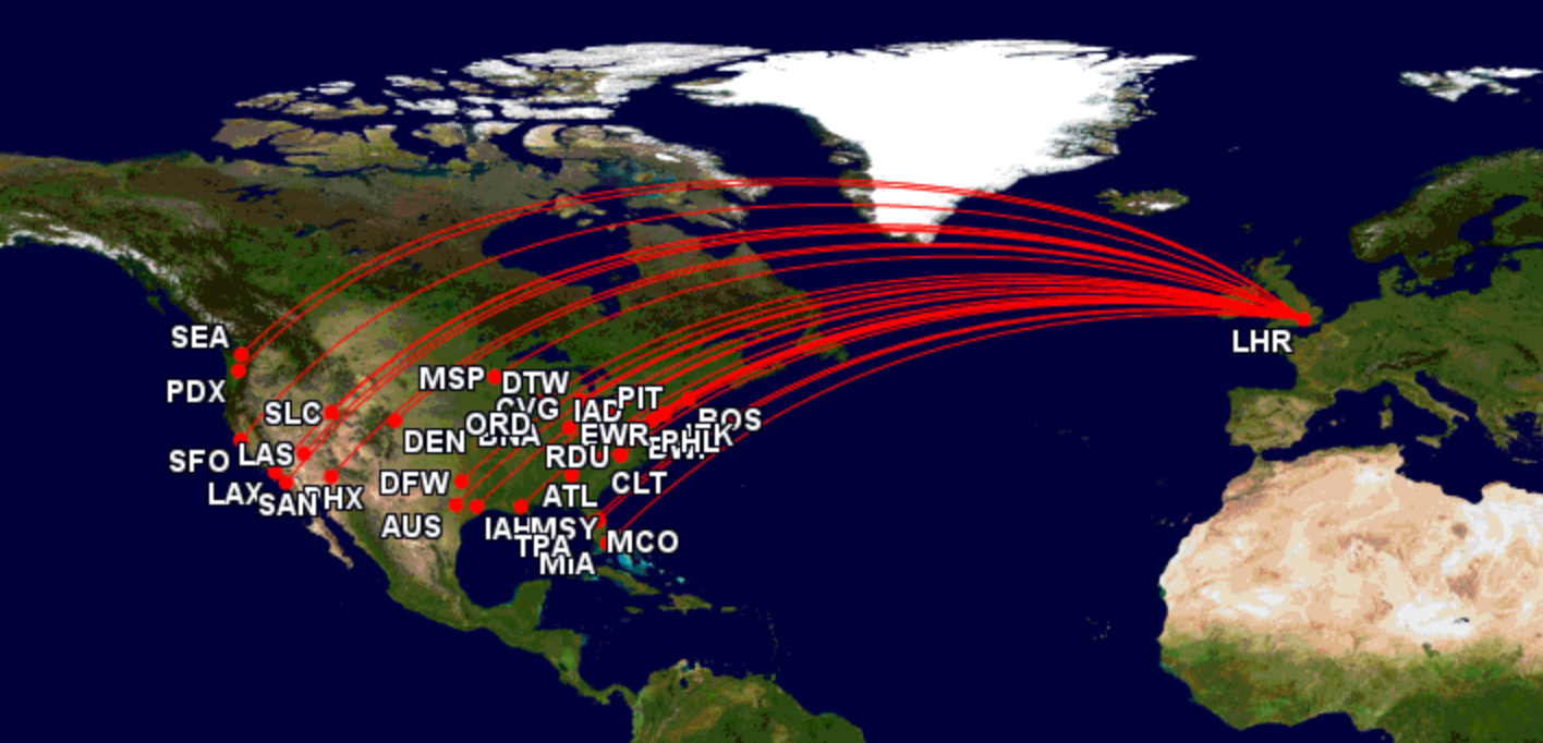 London Heathrow to the United States network in June 2025