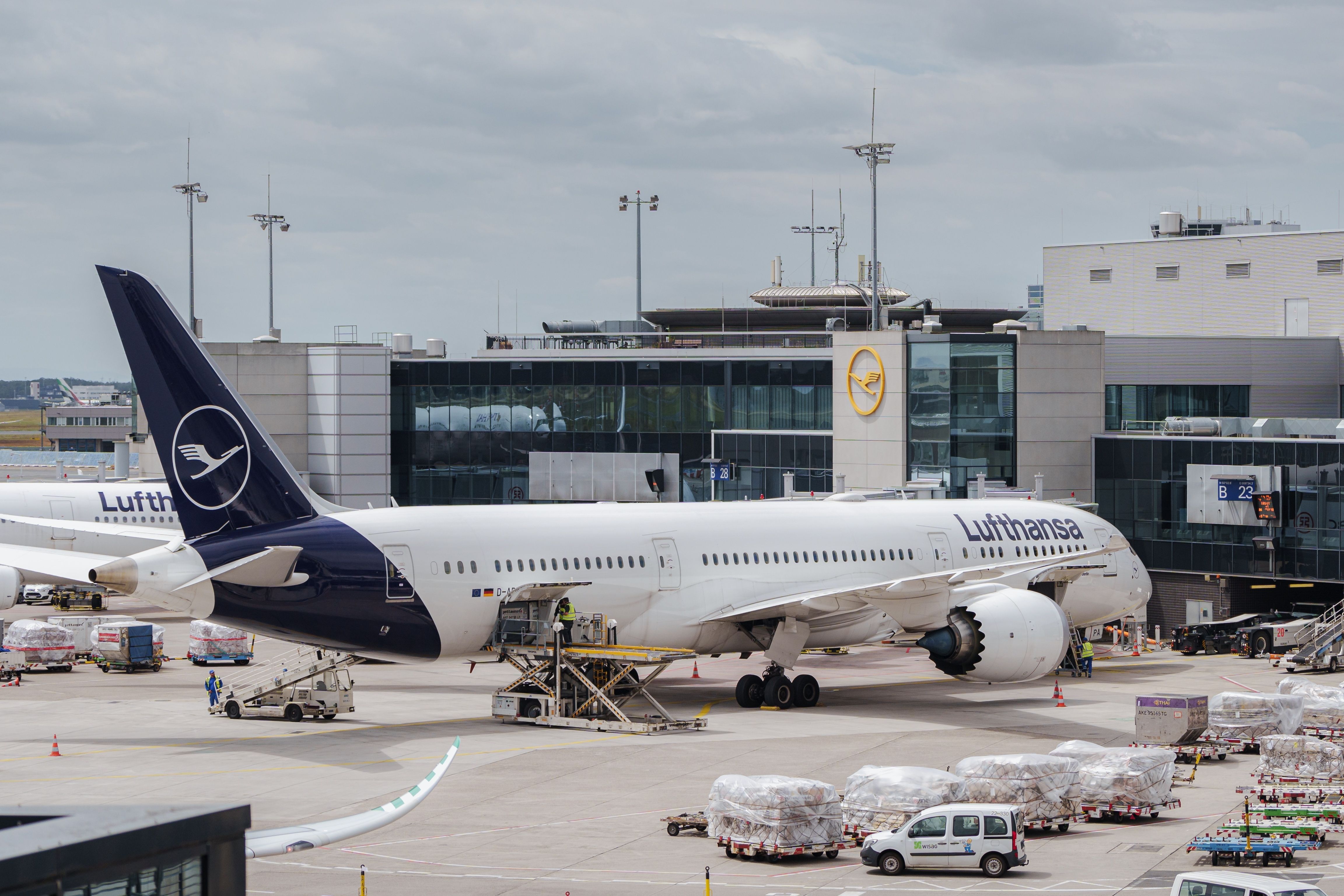 Lufthansa Boeing 787 at the gate at Frankfurt Airport FRA shutterstock_2488787911