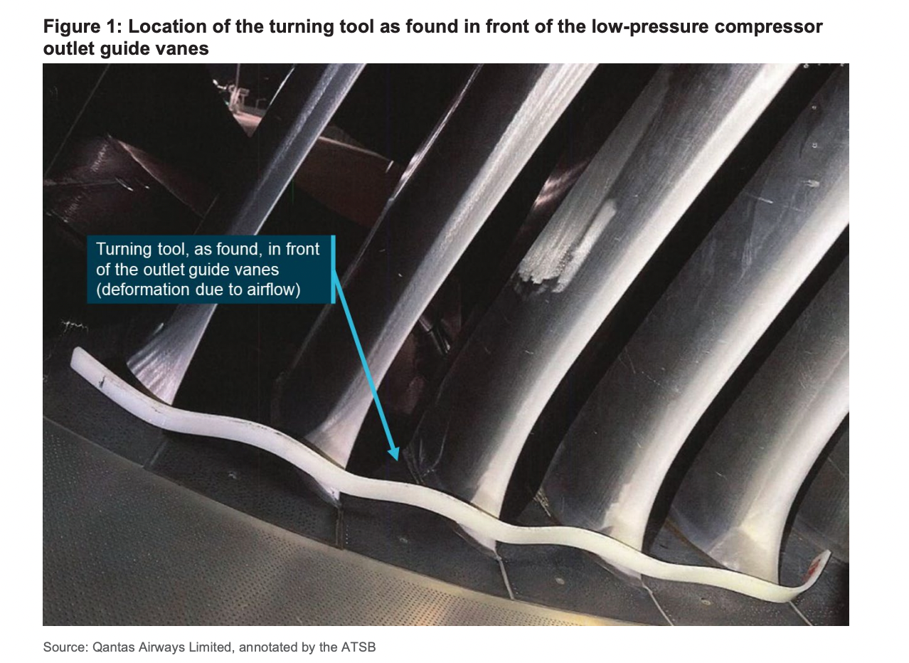 Engine turning tool left inside an A380 engine inlet cowl