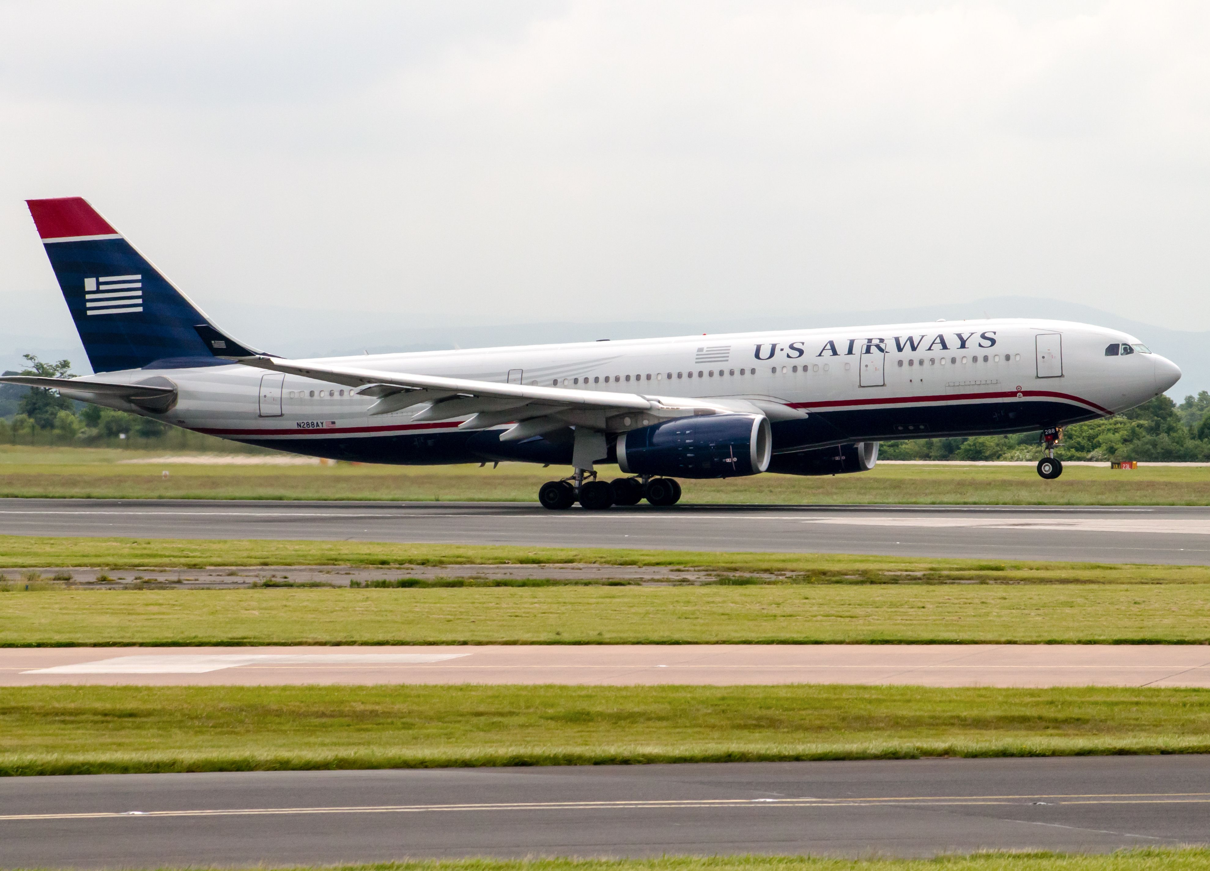 A US Airways Airbus A330 as it takes off.