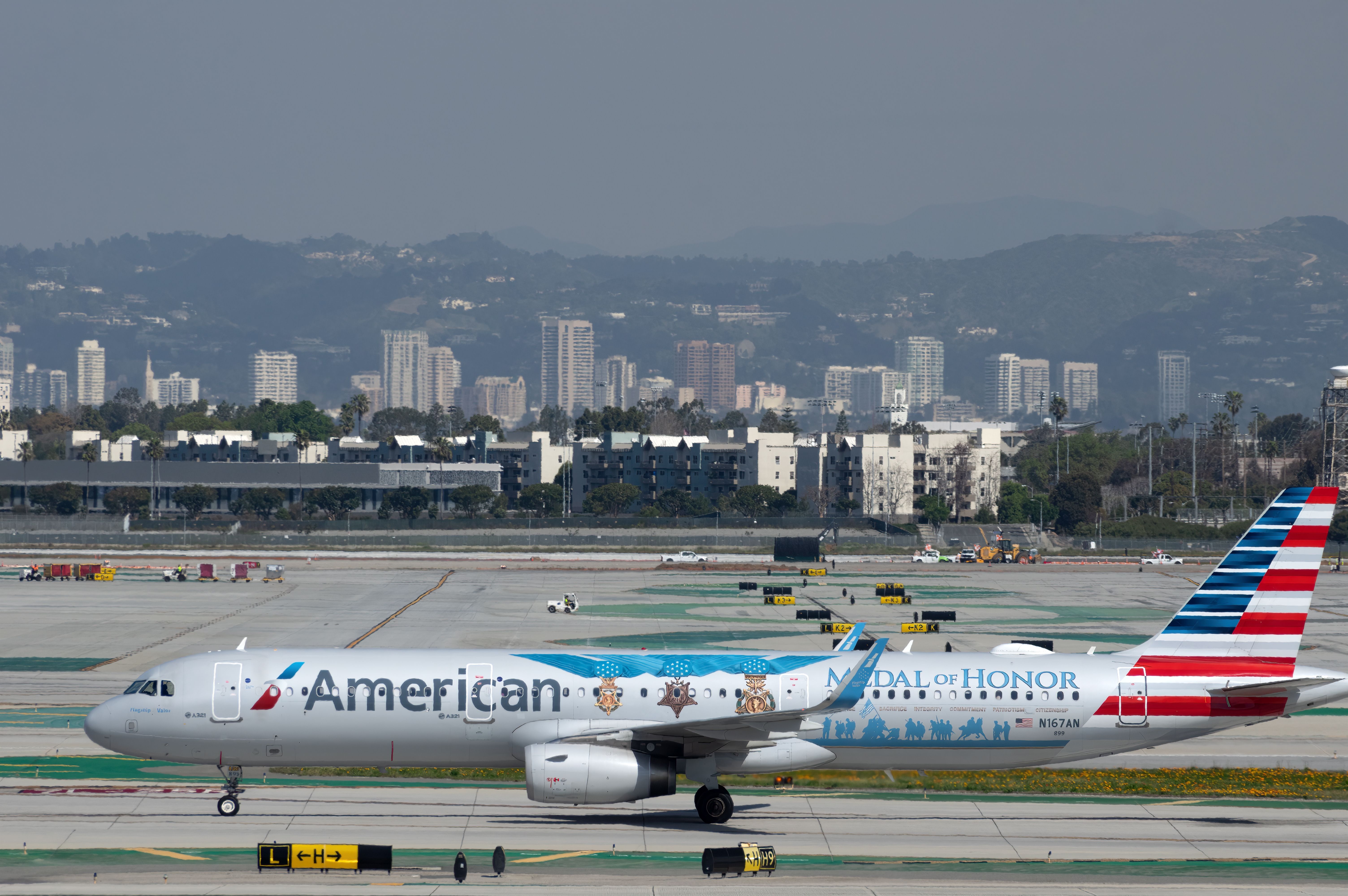Los Angeles, California, United States - March 16, 2024: American Airlines Airbus A321-231, Flagship Valor livery, with registration N167AN shown taxiing at LAX, Los Angeles International Airport.