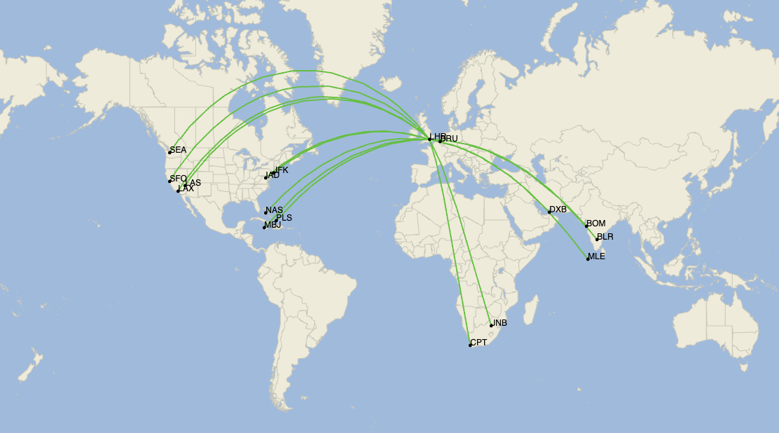 Virgin Atlantic Boeing 787 network map