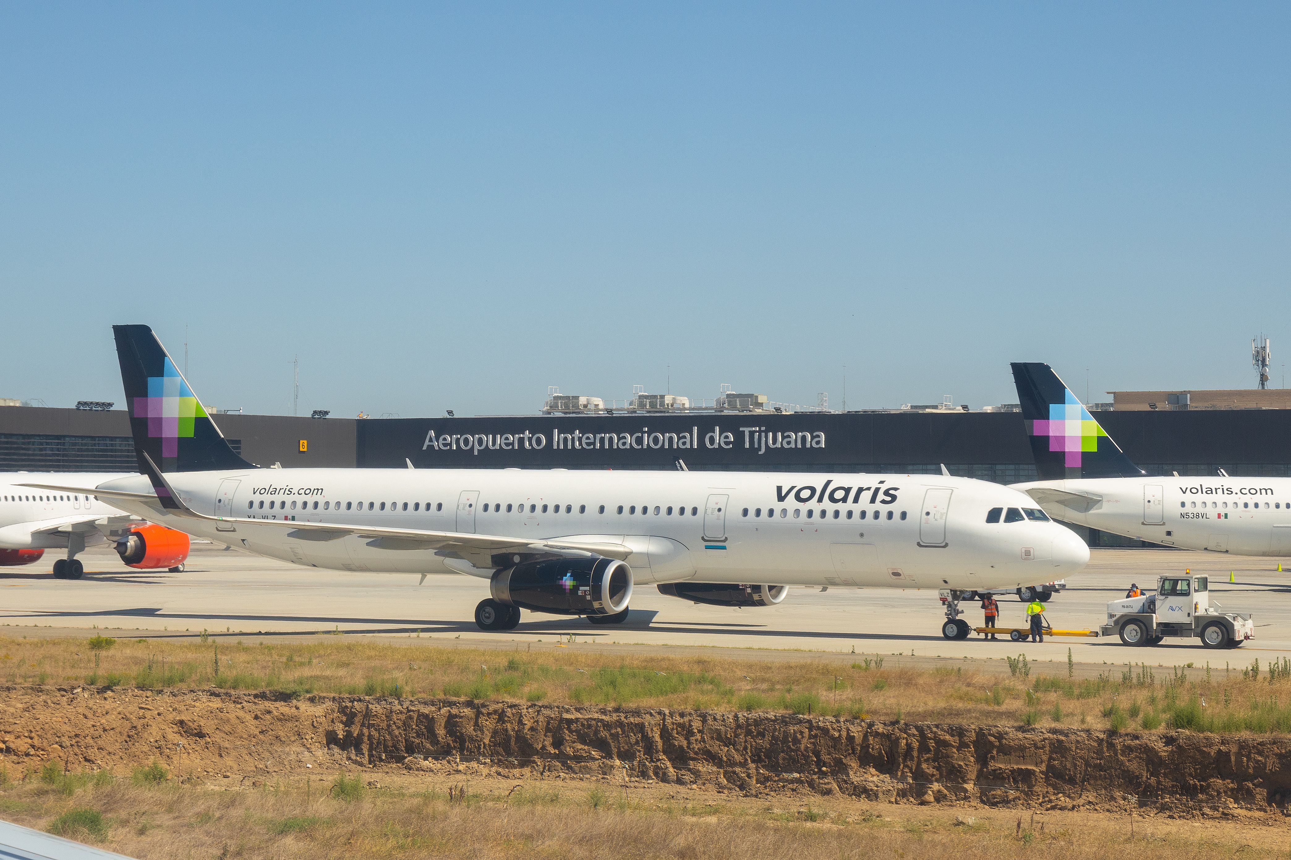 Tijuana, Baja California; 08/01/2020; Volaris aircraft parked in Tijuana international airport - volaris airplane - mexican airline - Mexican airlines affected due to covid-19 pandemic