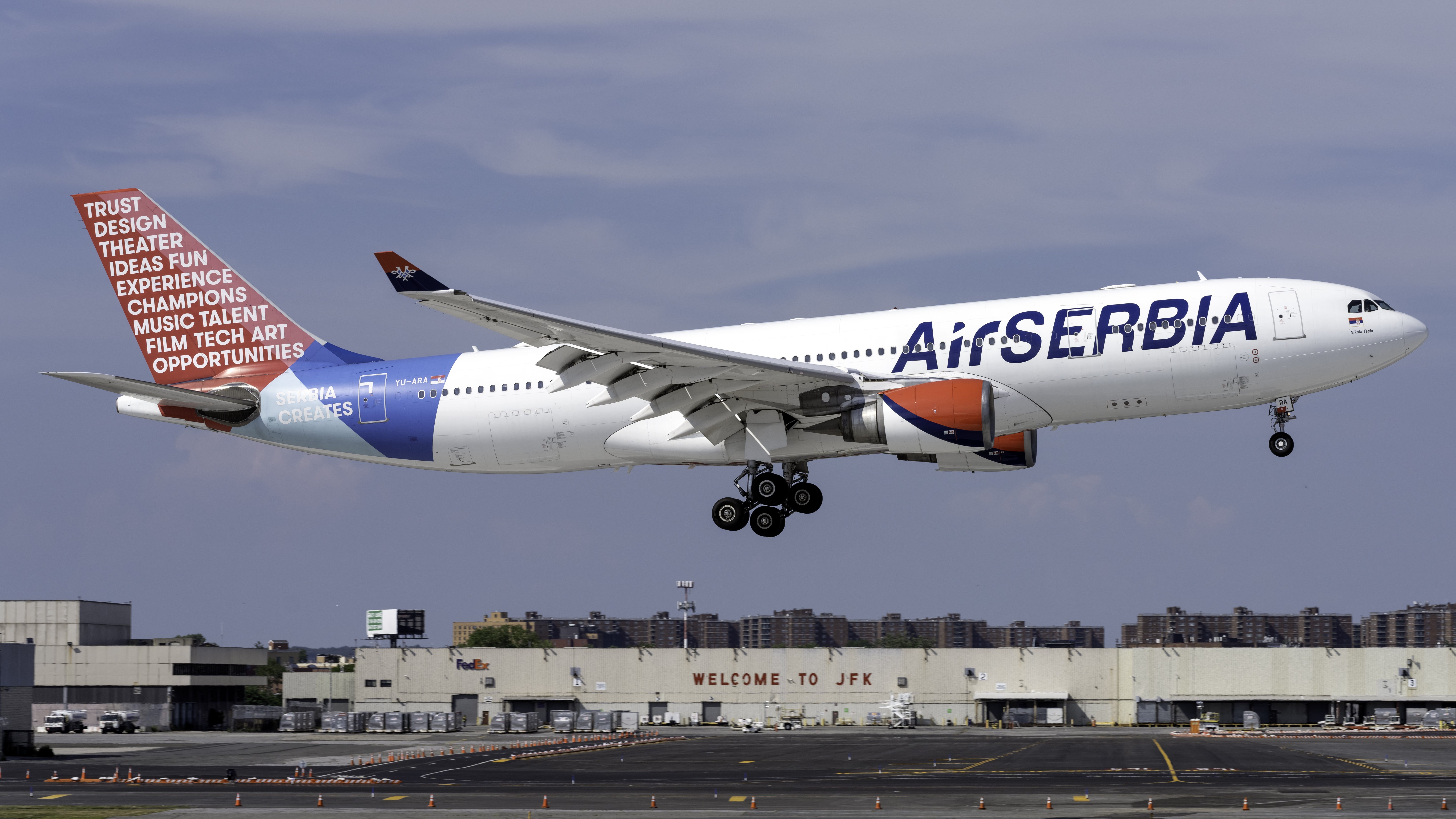 An Air Serbia Airbus A330-200 about to land At New York JFK Airport.