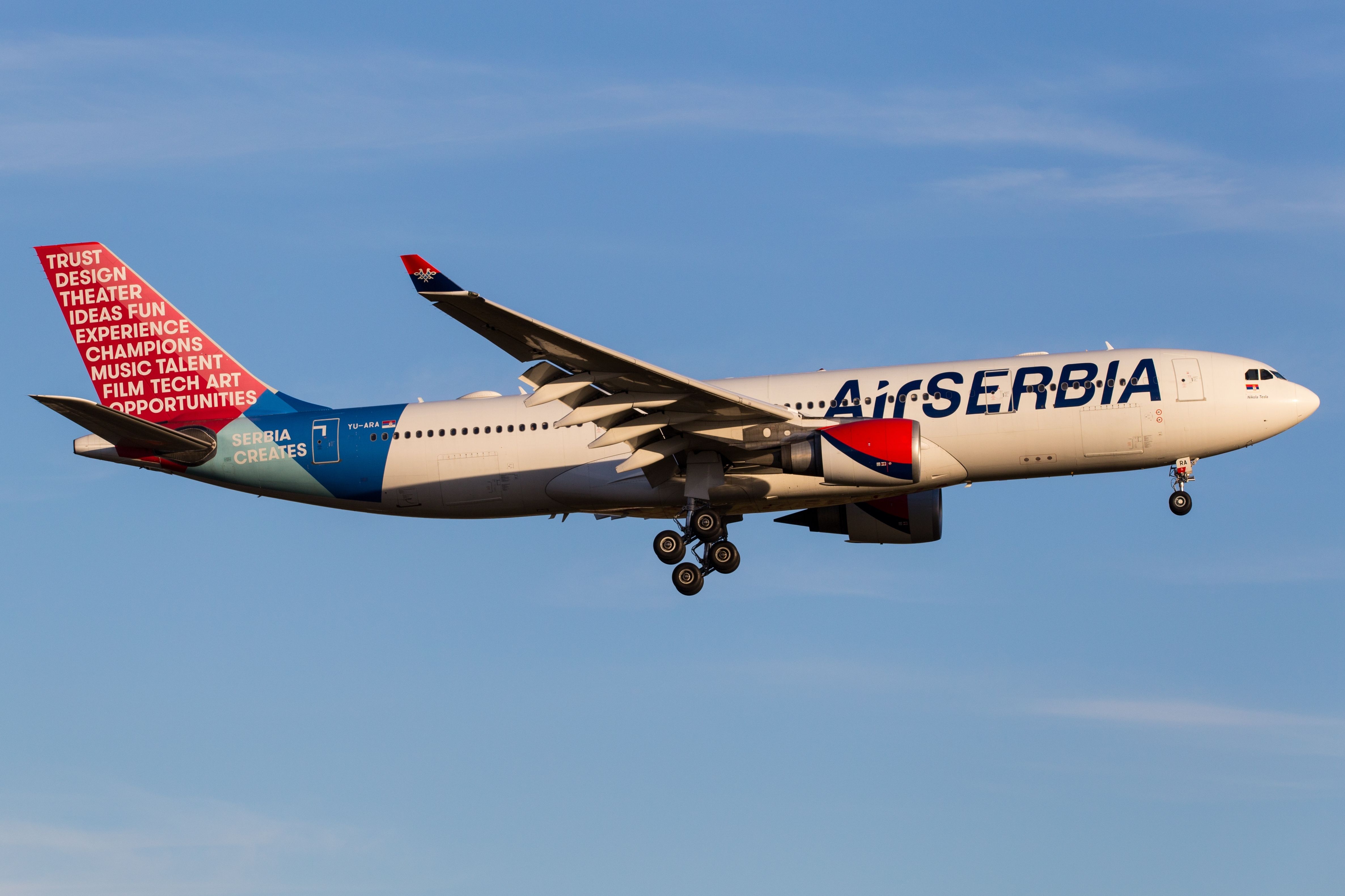 An Air Serbia Airbus A330 flying
