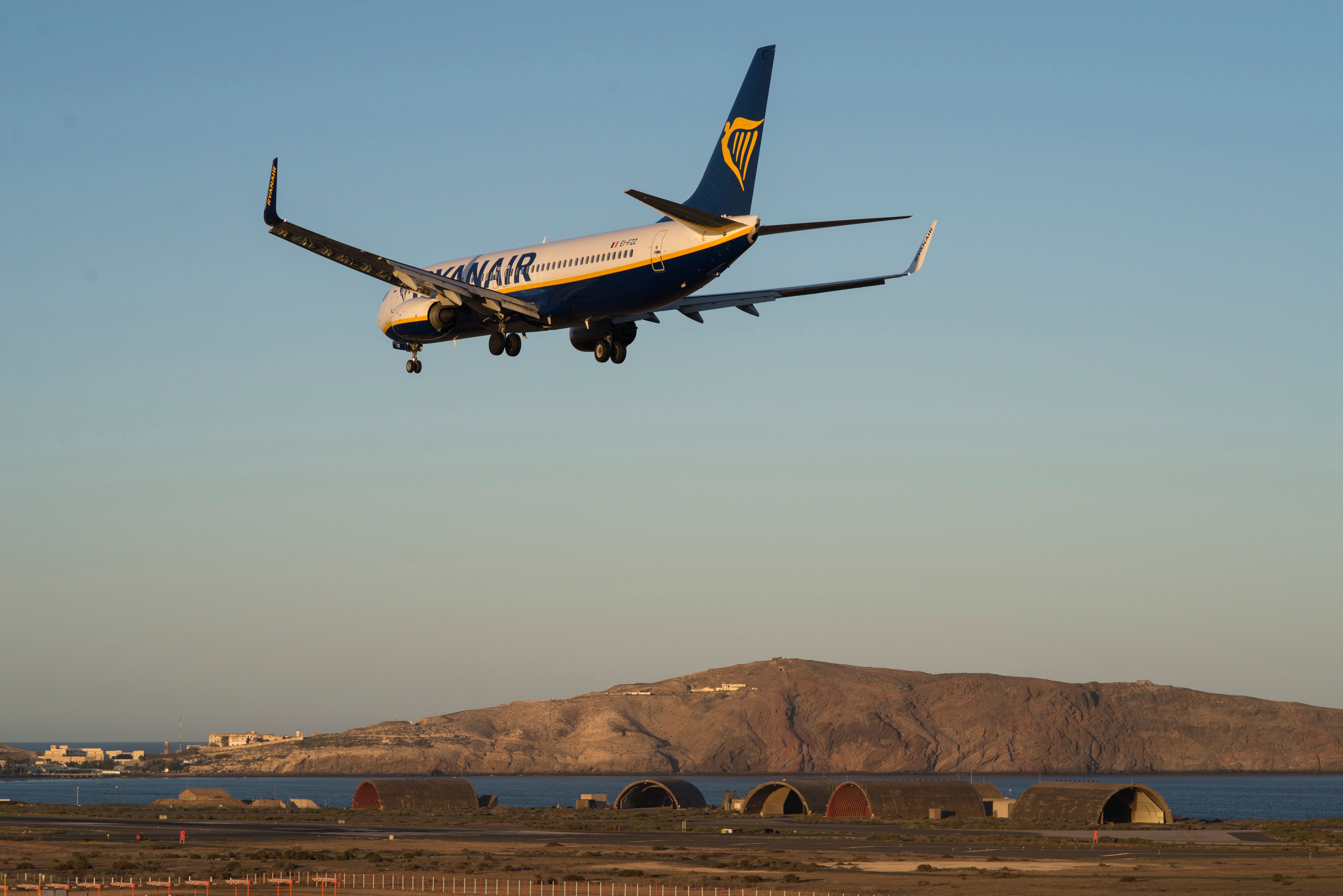 A Ryanair Airplane getting ready to land at Las Palmas Airport (LPA), Gran Canaria, Spain