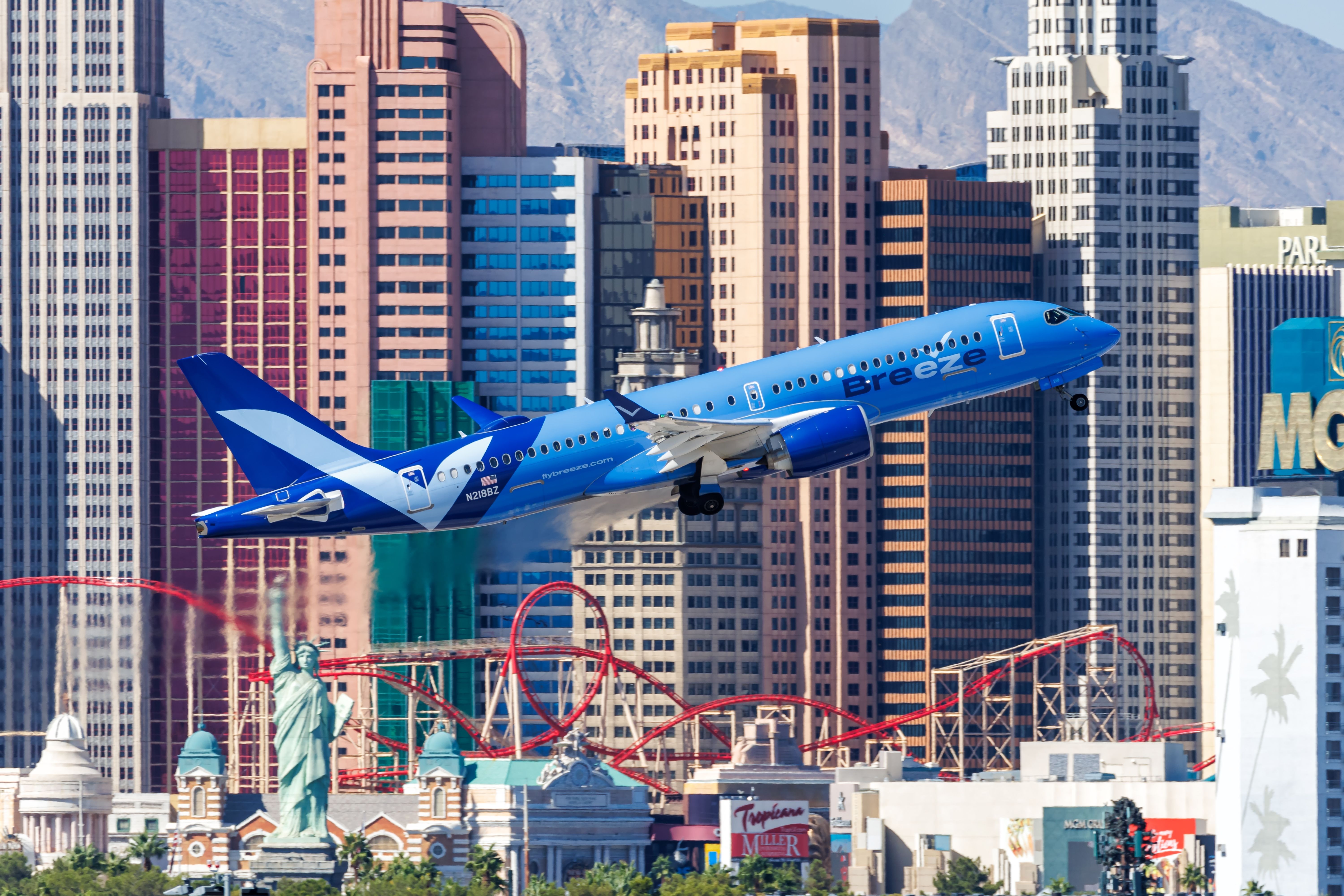 Breeze Airways Airbus A220-300 airplane at Las Vegas Airport in the United States.