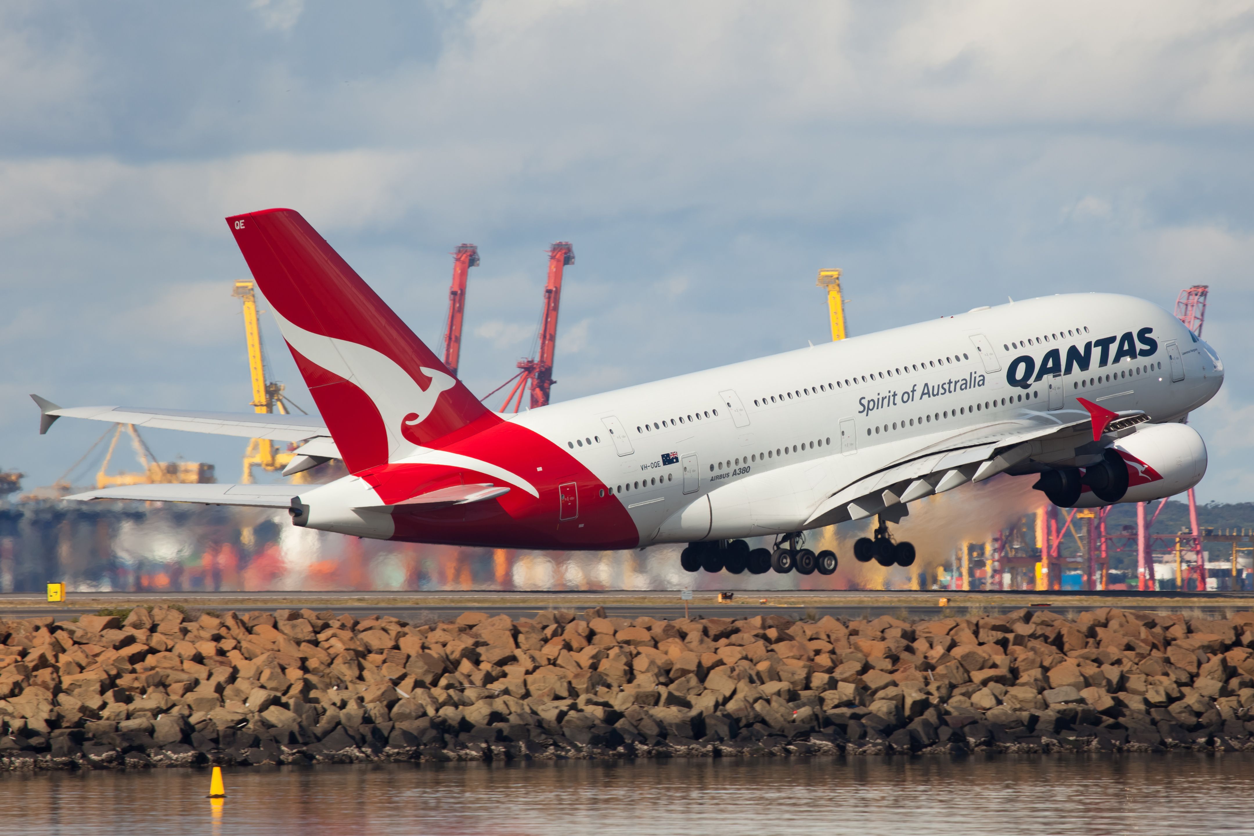 Qantas Airbus A380 departing Sydney Airport SYD shutterstock_285018890