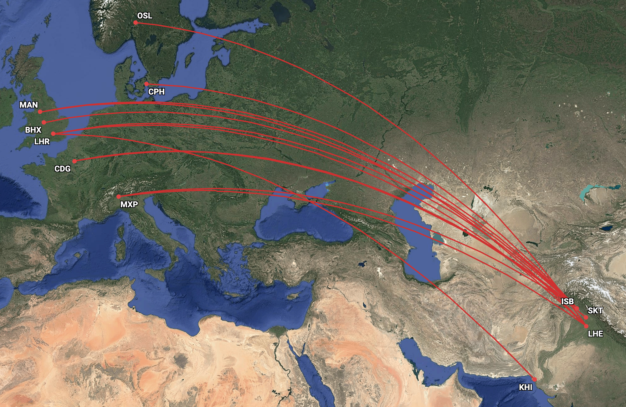 Pakistan International Airlines European network in June 2019