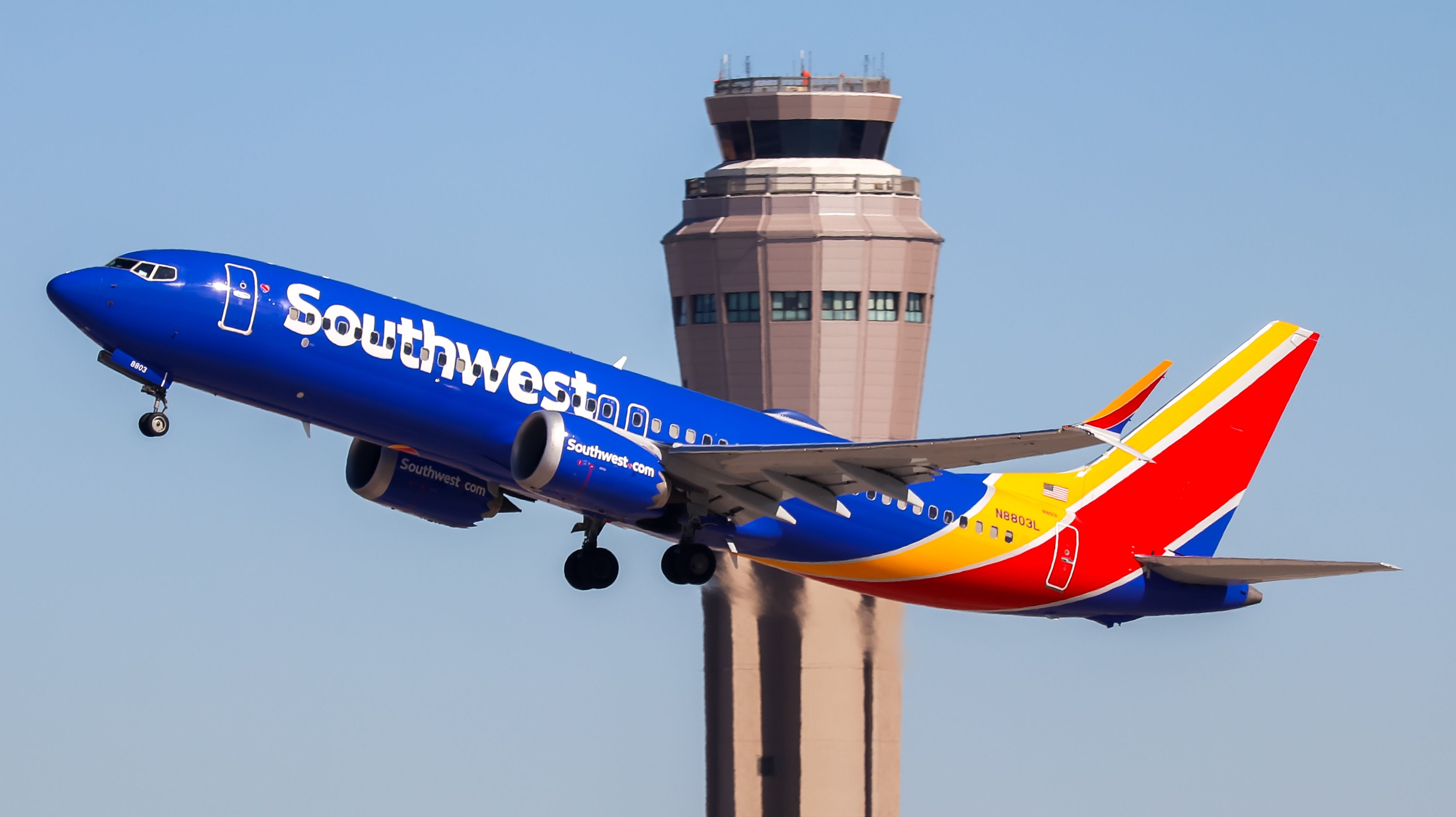 Southwest Airlines Boeing 737 MAX departing Las Vegas Harry Reid International Airport LAS shutterstock_2127841190