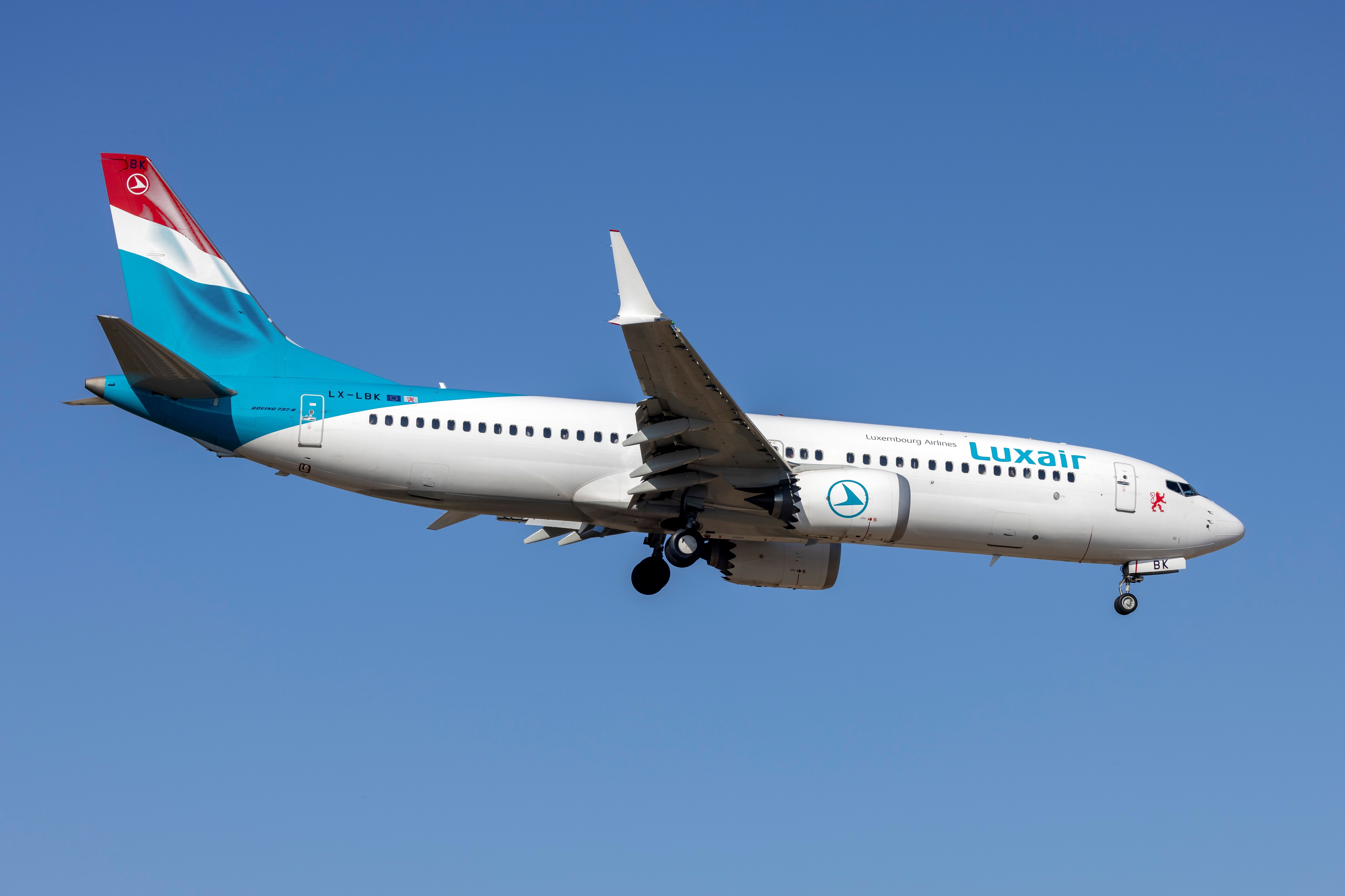 Luxair Boeing 737 MAX 8 landing at MLA shutterstock_2485357169