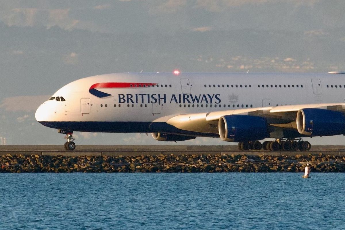 A British Airways Airbus A380-800 on a taxiway.