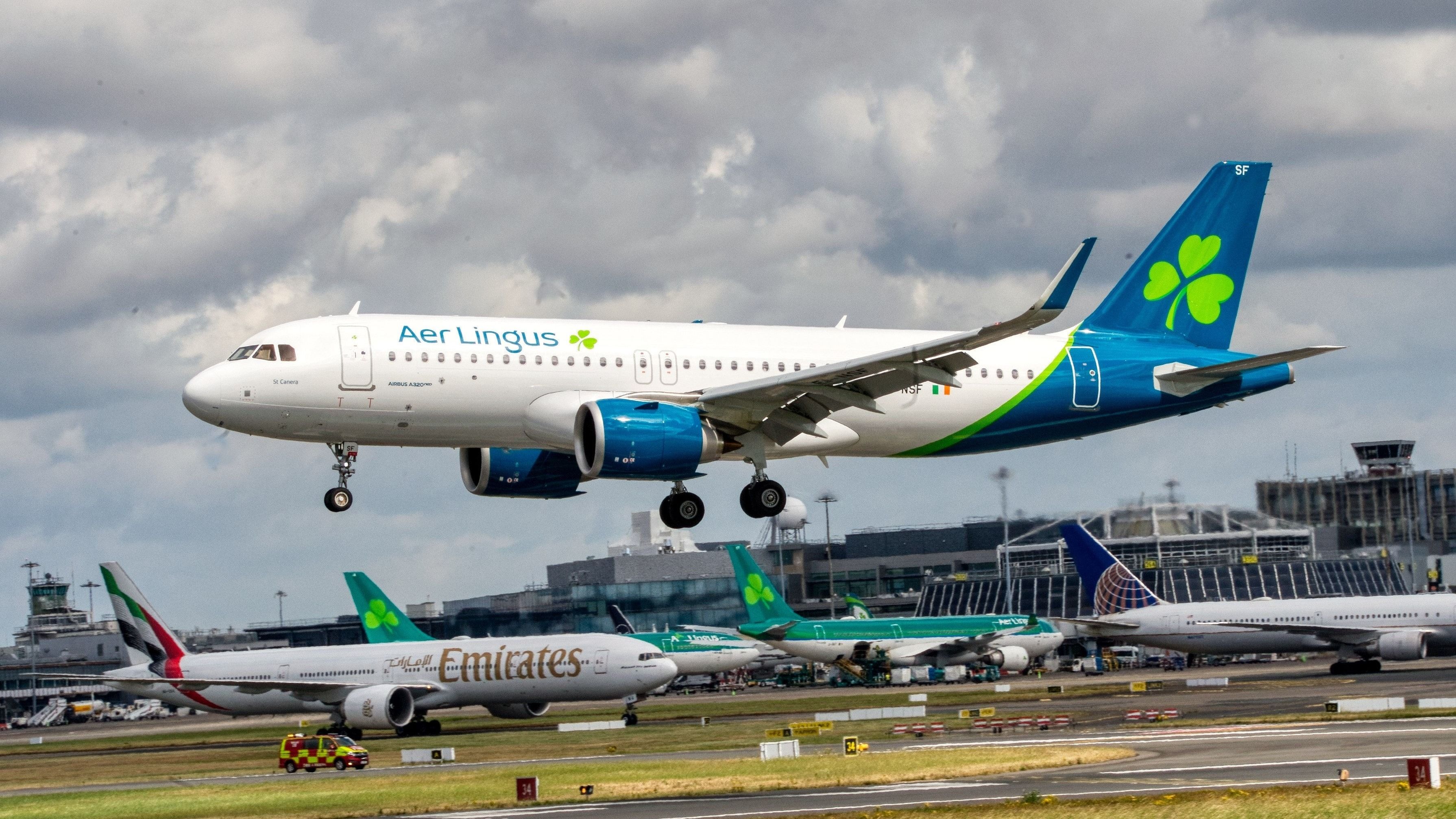 Aer Lingus Airbus A320neo landing at Dublin Airport DUB shutterstock_2502190271