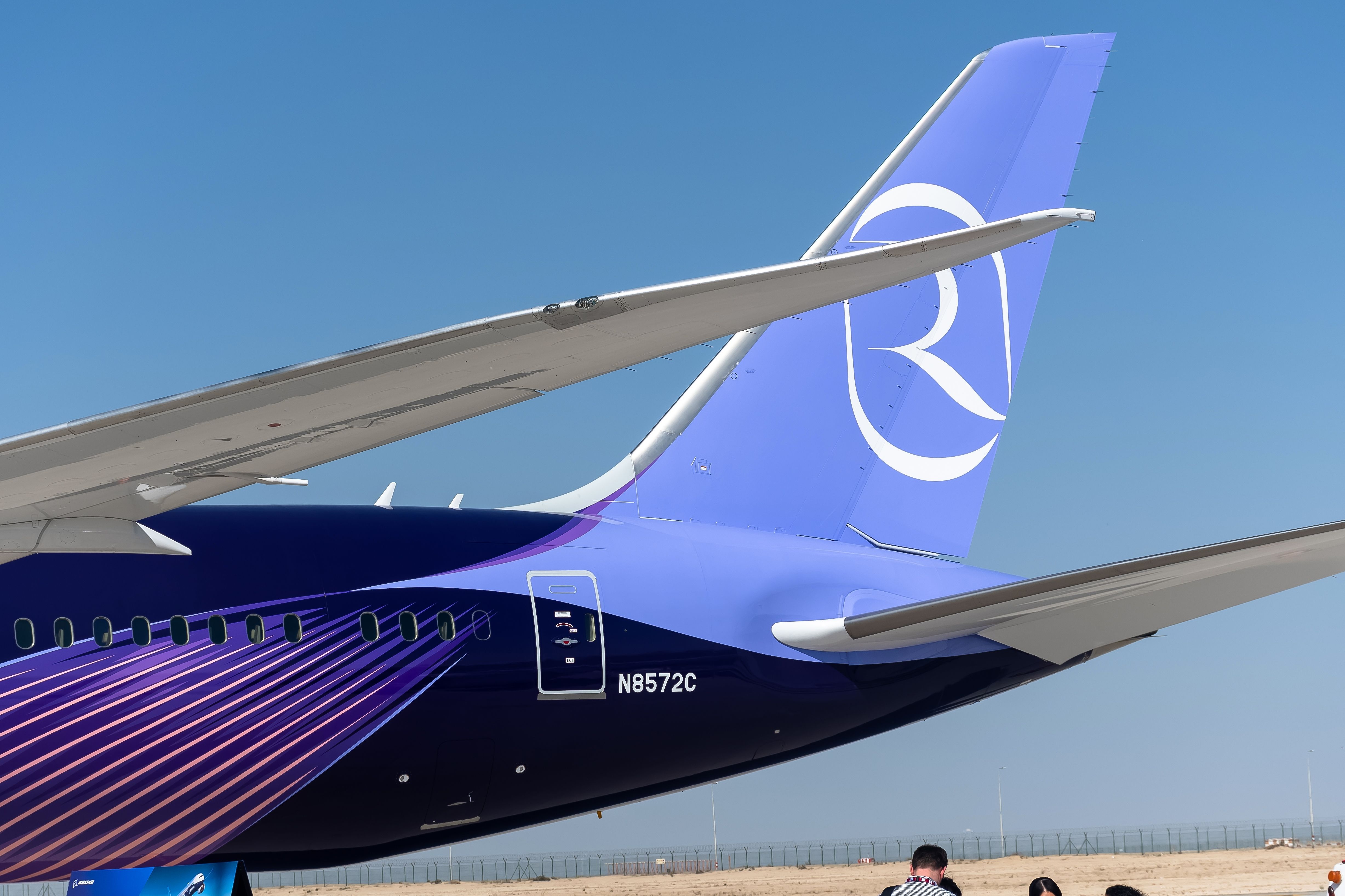 Tail of Riyadh Air Boeing 787-9 on the ground shutterstock_2426945367