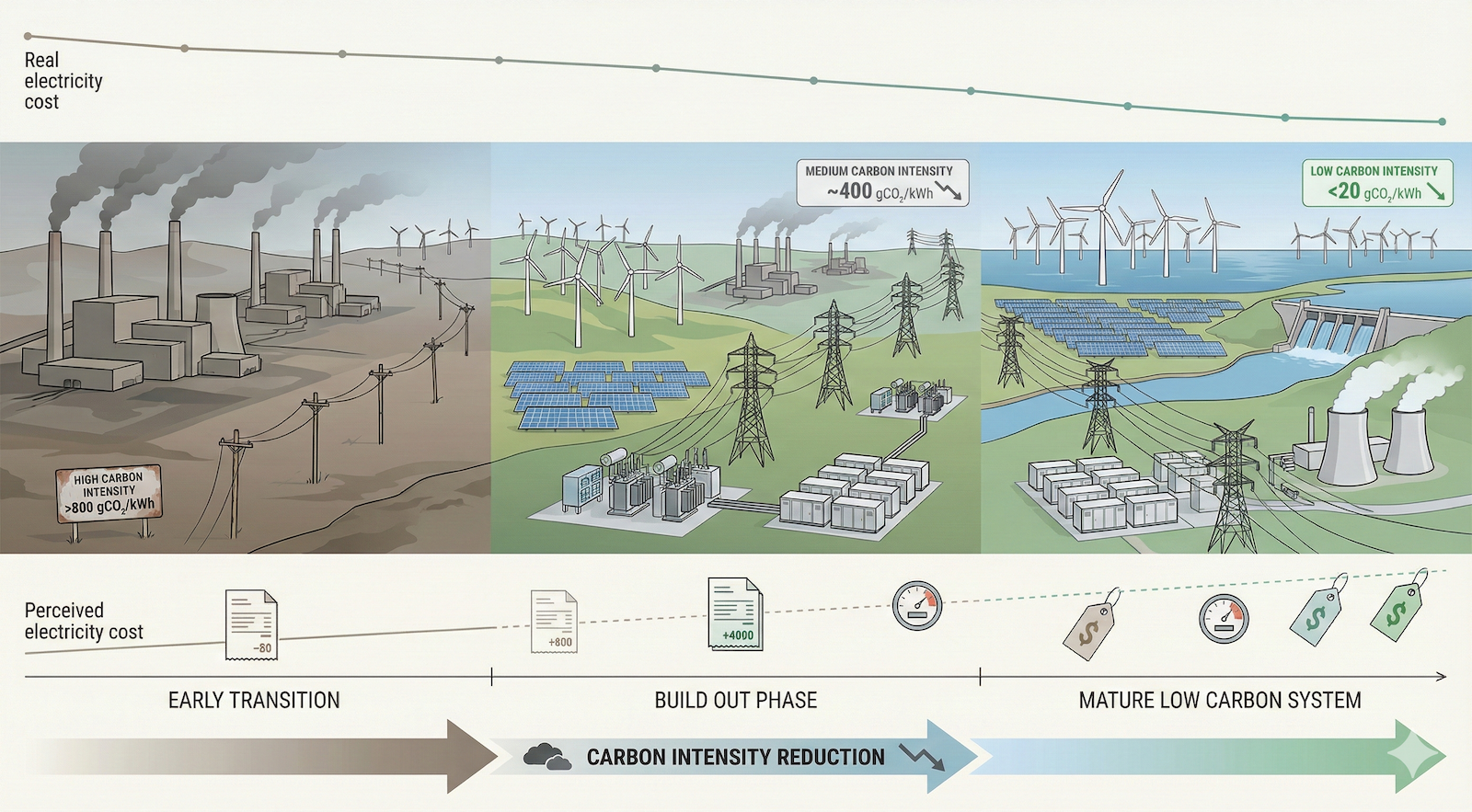 ChatGPT and Google Gemini generated image showing how electricity prices evolve differently in early, mid, and mature decarbonization phases