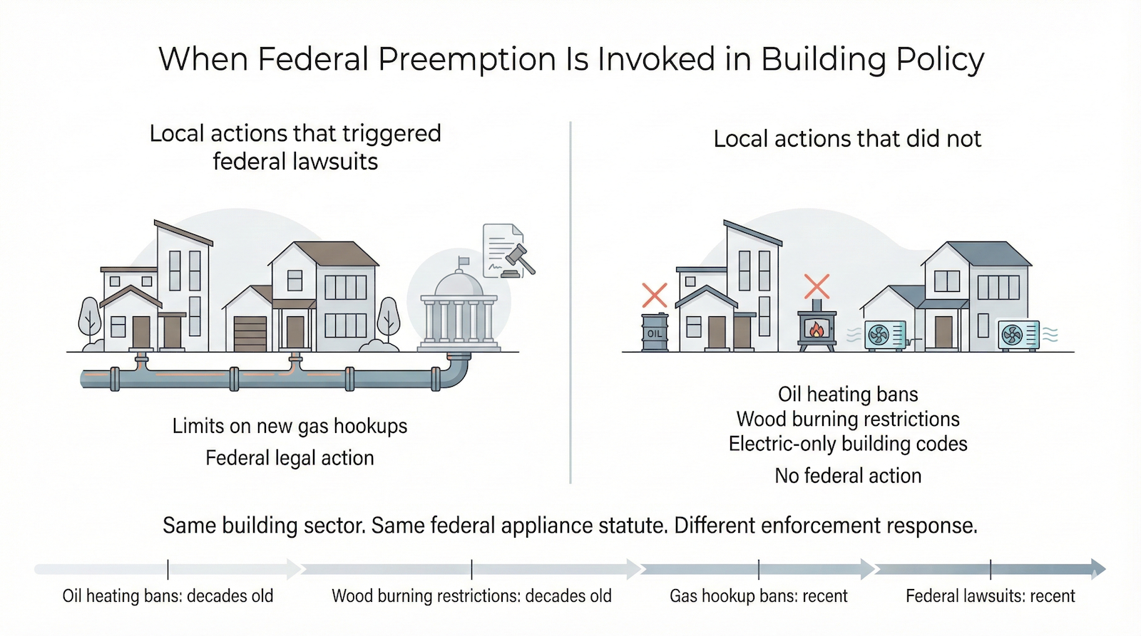 Google Gemini generated this infographic visualizing the selective application of federal preemption, contrasting how local limits on gas hookups trigger federal lawsuits while similar restrictions on oil and wood heating proceed unchallenged.