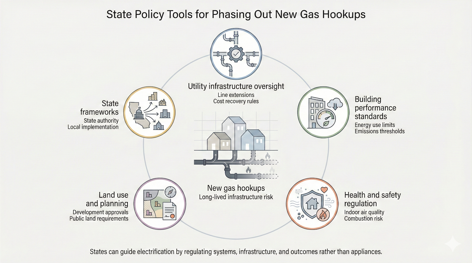 Google Gemini generated this infographic mapping out diverse state policy tools, ranging from utility oversight to land use planning, designed to address the long-term infrastructure risks of new natural gas hookups.