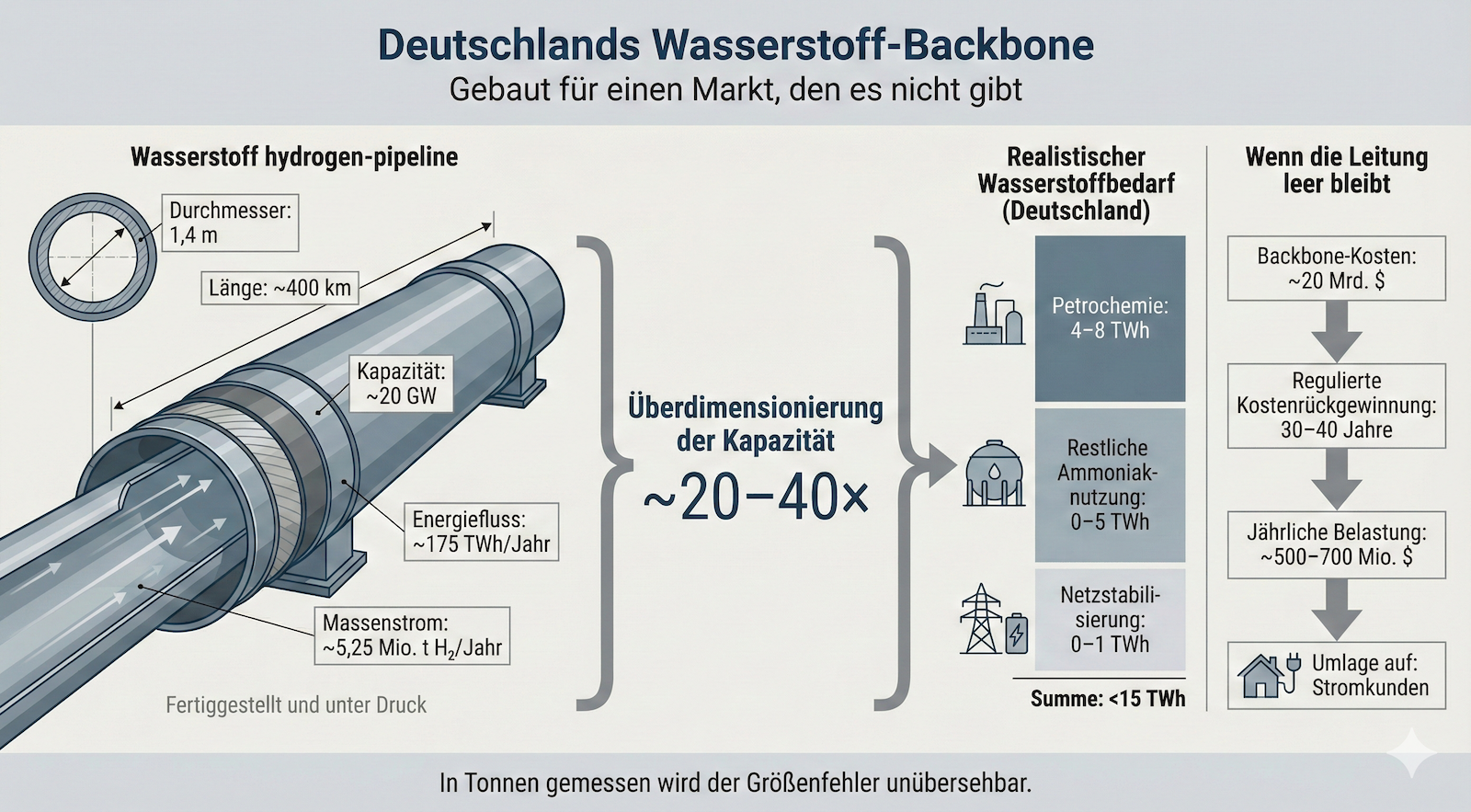 Google Gemini hat diese Infografik erstellt, die den deutlichen Missverhältnis zwischen dem massiven Umfang der geplanten deutschen Wasserstoffinfrastruktur und der realistisch zu erwartenden Nachfrage veranschaulicht.
