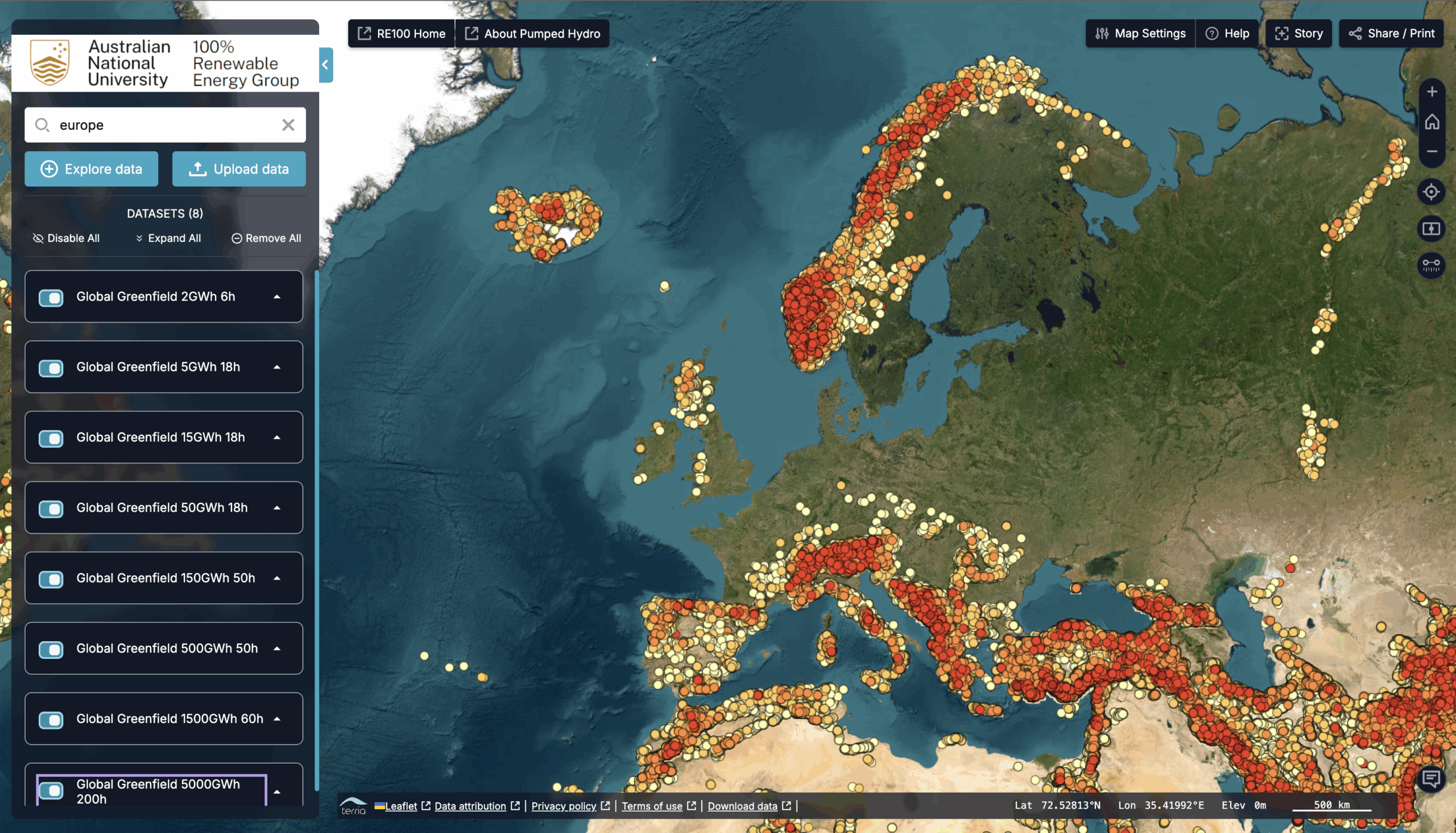 Australia National University global greenfield atlas of closed loop, off river pumped hydro locations