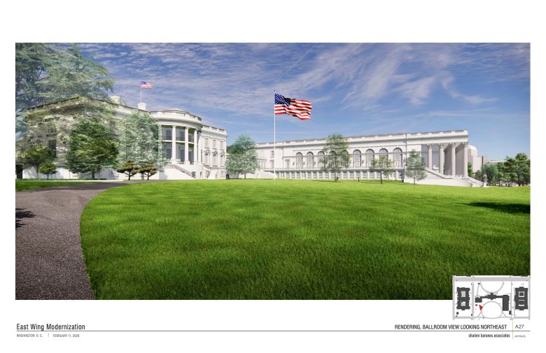 This rendering shows architectural plans for President Donald Trump’s proposed White House ballroom.