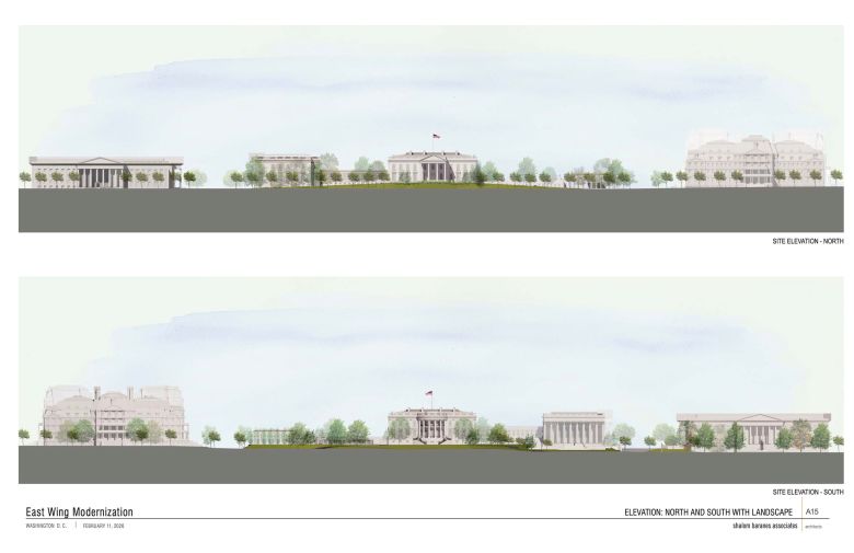 This rendering shows architectural plans for President Donald Trump’s proposed White House ballroom.
