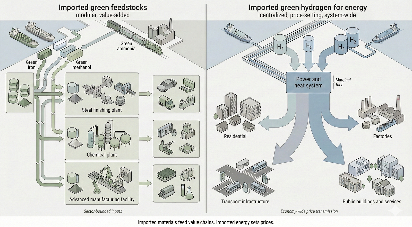 Google Gemini generated this infographic comparing the supply chains and applications of imported green feedstocks and green hydrogen.