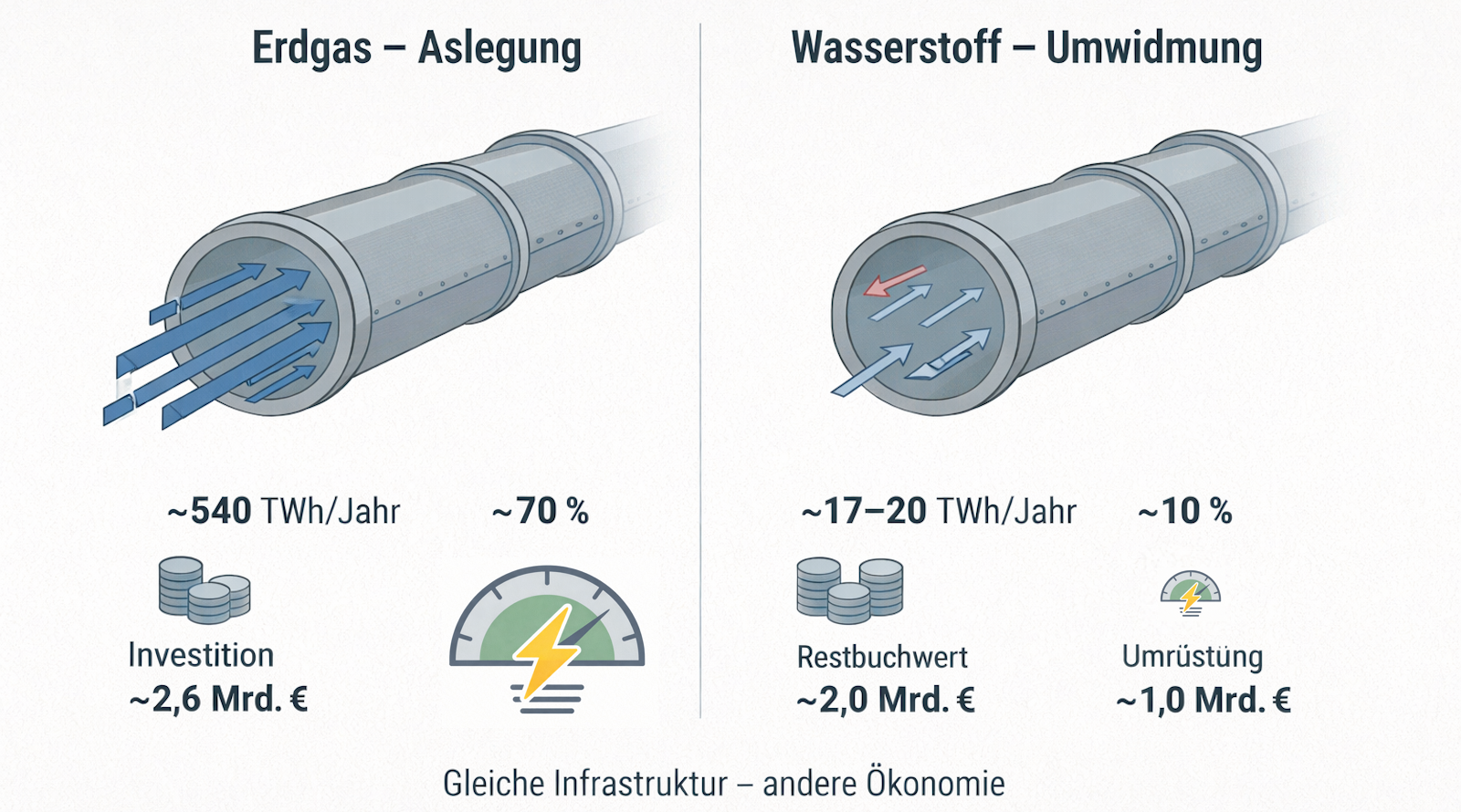 ChatGPT hat eine klare, minimalistische analytische Infografik erstellt, die dieselbe Pipeline im ursprünglichen Erdgasbetrieb und in der späteren Umwidmung für Wasserstoff vergleicht und dabei die starke Divergenz bei gelieferter Energie und wirtschaftlichen Ergebnissen trotz identischer Infrastruktur hervorhebt