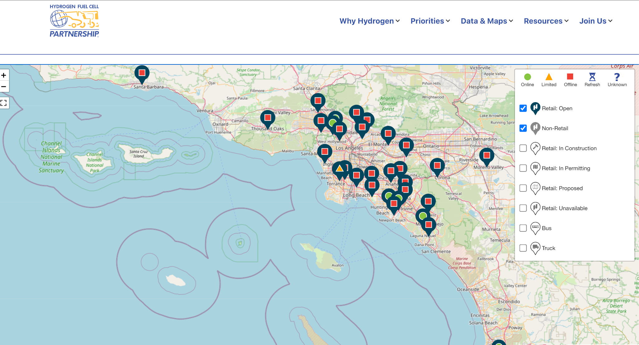 Southern California hydrogen refueling status courtesy the Hydrogen Fuel Cell Partnership refueling station status page