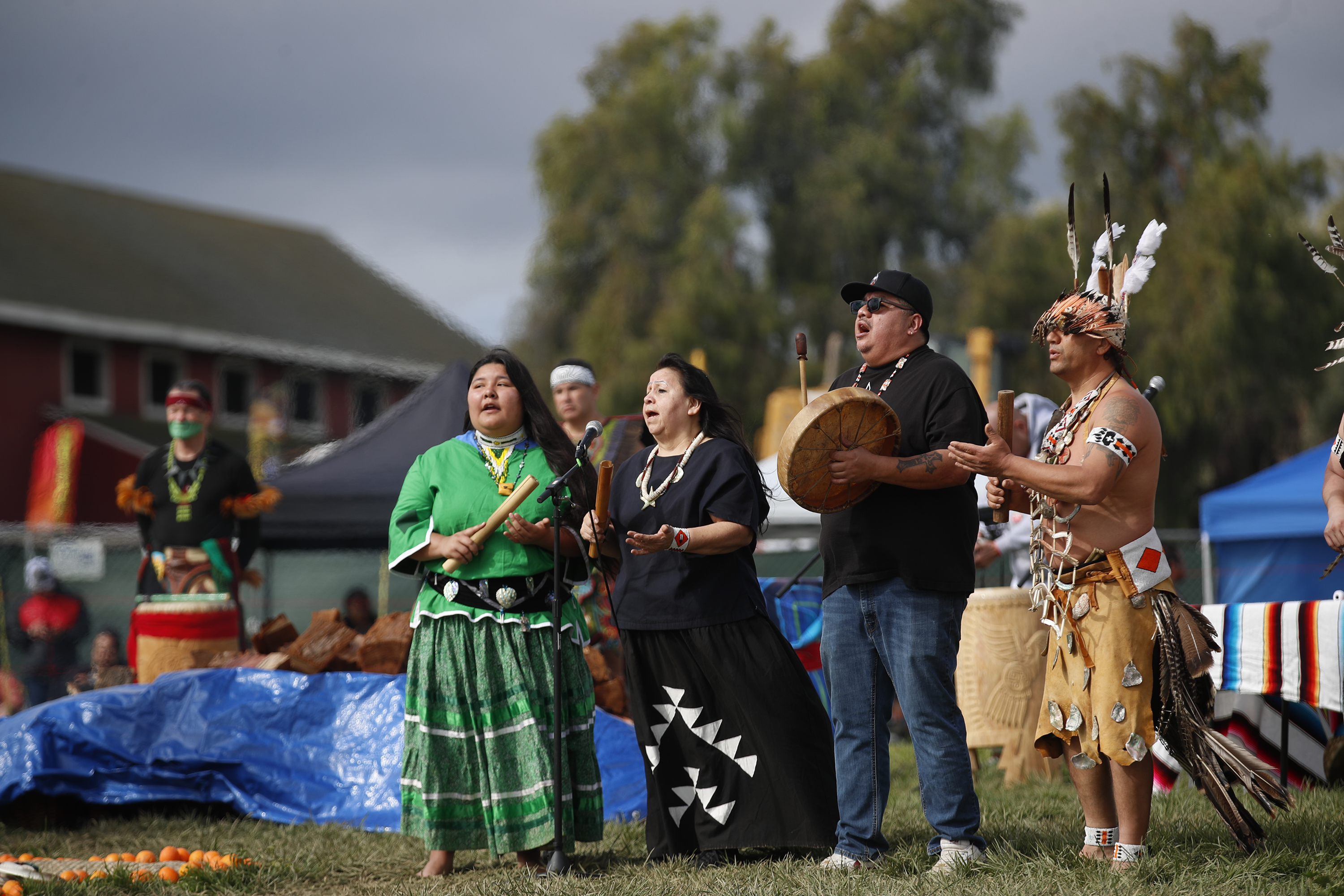 Members of the Pomo Dancers group from Big Valley in...