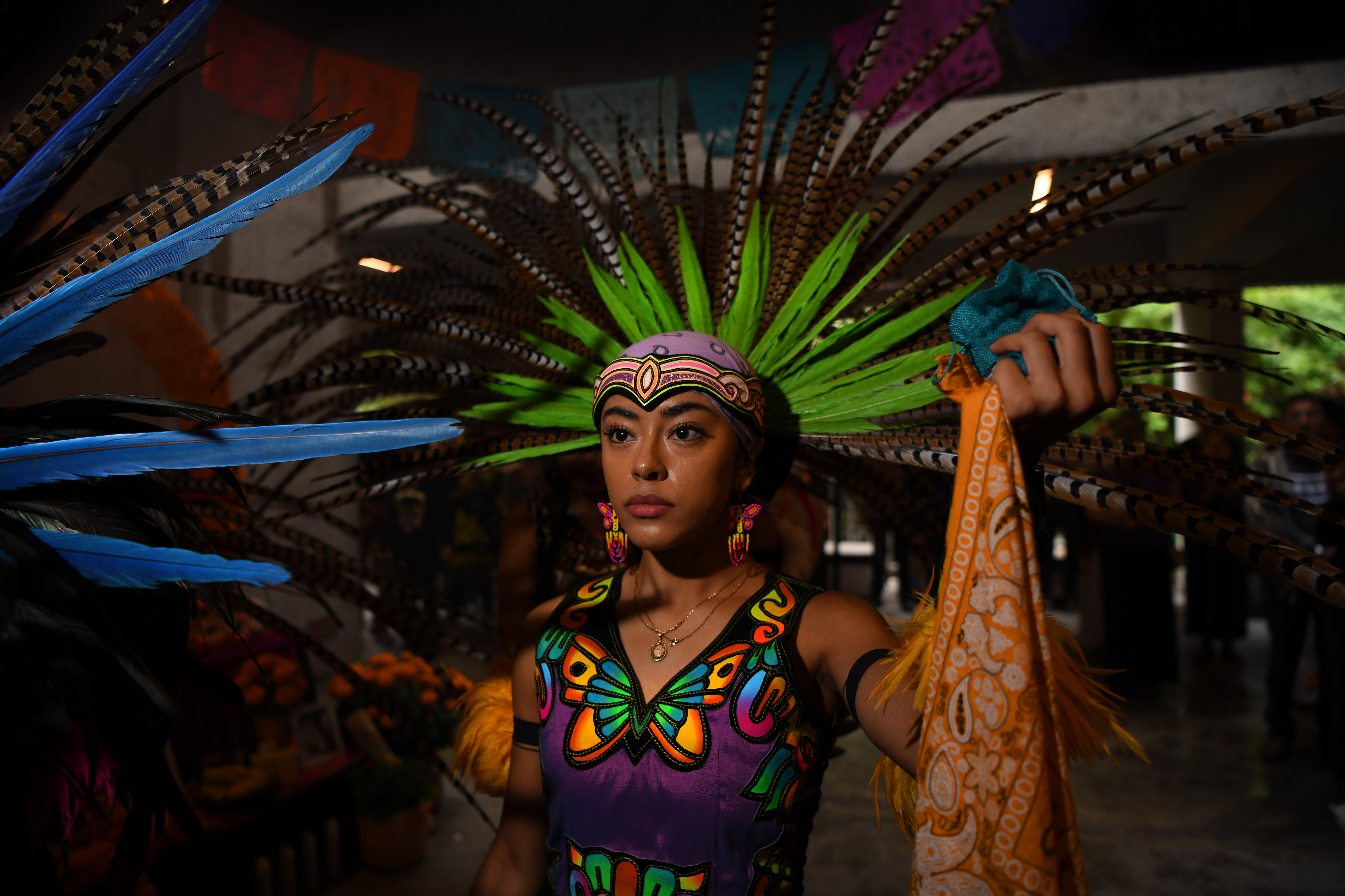 Liliana Bernardo with the Ollin Anahuac Traditional Aztec Dance Group...