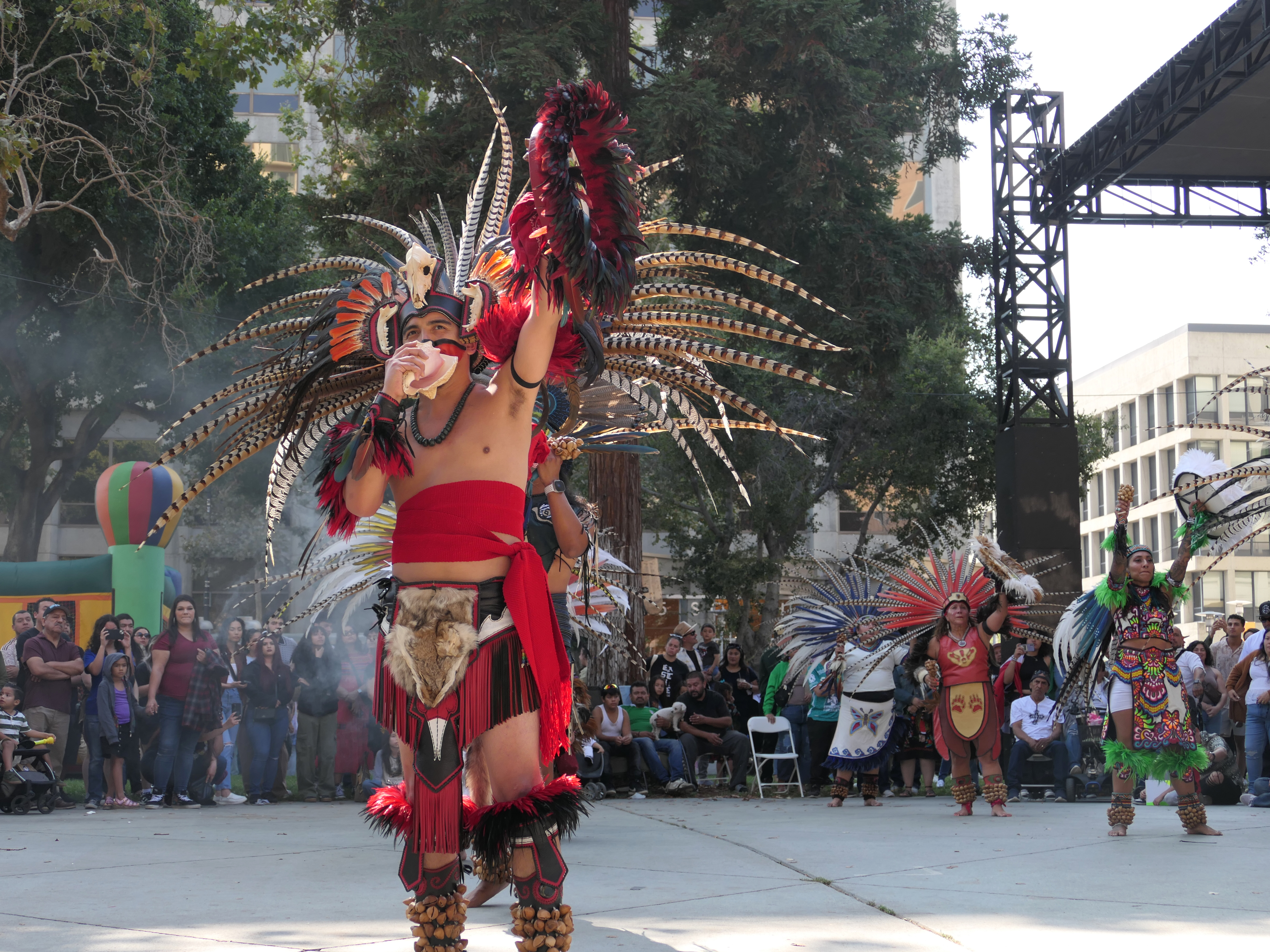Members of the Calpulli Tonalehqueh, aztec dance group perform at...