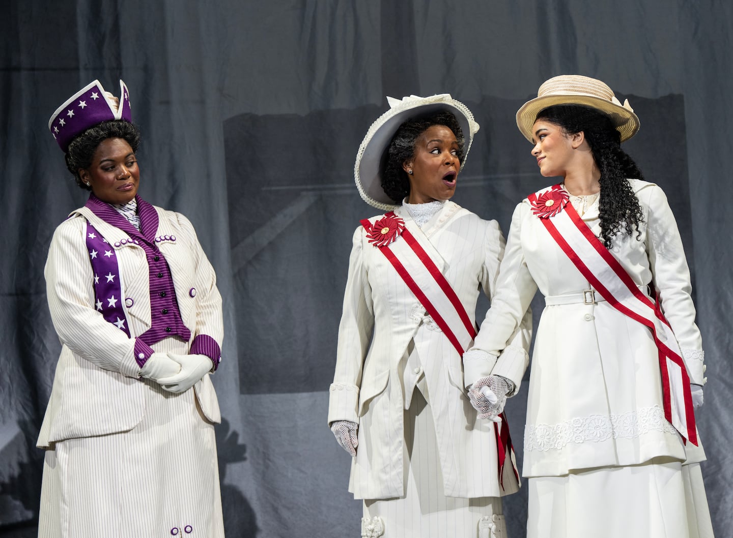 Danyel Fulton (Ida B. Wells), Trisha Jeffrey (Mary Church Terrell), and Victoria Pekel (Phyllis Terrell) in the First National Touring Company of SUFFS. Photo by Joan Marcus, 2025.