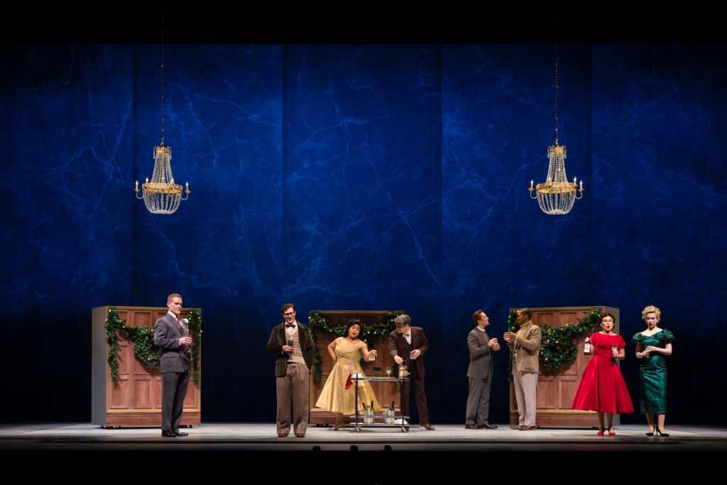 Feb. 21 cast, from left: Jarrett Ott (Hawkins Fuller), Colin Aikins (Timothy Laughlin), Amber R. Monroe (Mary Johnson), Marcus DeLoach (Estonian Frank), Jeremy Weiss (Party Guest), Randell McGee (Tommy McIntyre), Vanessa Becerra (Miss Lightfoot), and Elisa Sunshine (Lucy) in "Fellow Travelers" at Seattle Opera. Photo: Sunny Martini.