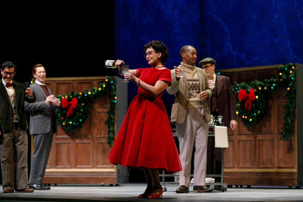 Feb. 22 cast, from left: Andy Acosta (Timothy Laughlin), Jeremy Weiss (Party Guest), Vanessa Becerra (Miss Lightfoot), Randell McGee (Tommy McIntyre), and Marcus DeLoach (Estonian Frank) in "Fellow Travelers" at Seattle Opera. Photo: David Jaewon Oh.