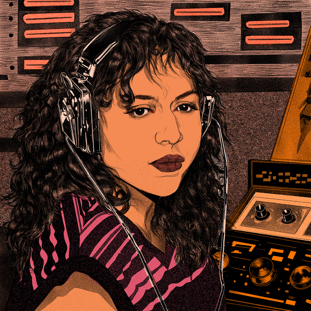drawing of a woman sitting in a radio studio with headphoes on, she is wearing dark lipstick, a black and pink shirt, and has brown curly hair