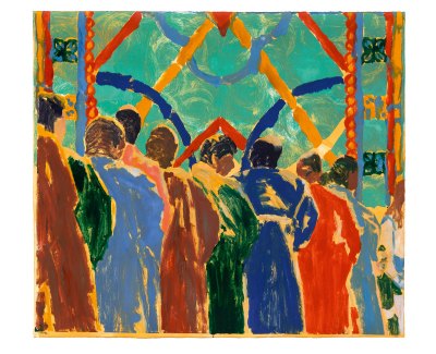 A group of men in robes seen from behind.