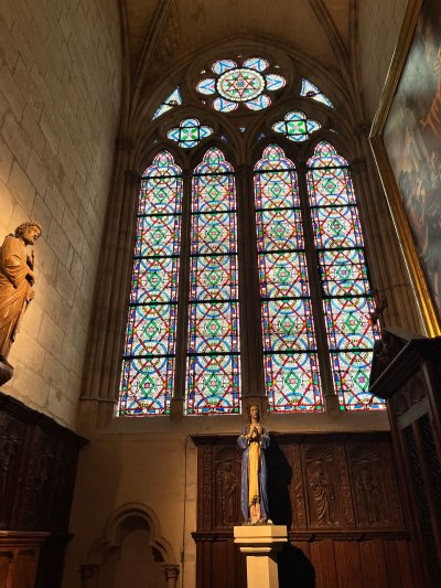 View of geometric stained glass windows at Notre-Dame.