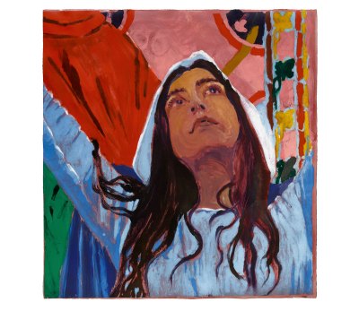 A painting of the Virgin Mary looking upward that is a detail of a much larger composition.