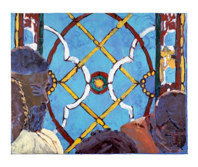 A painting of a group of men in front of a geometric design.