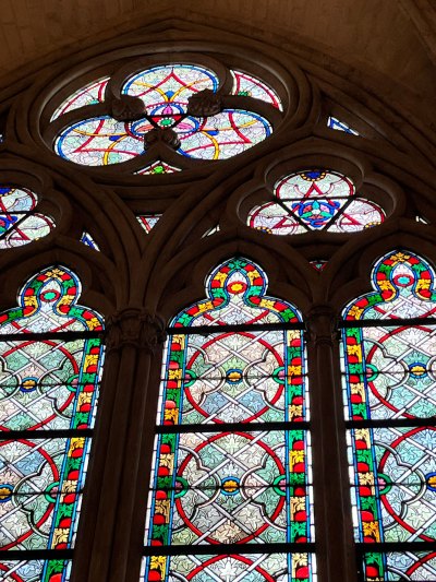 A detail of geometric stained-glass windows for Notre-Dame.