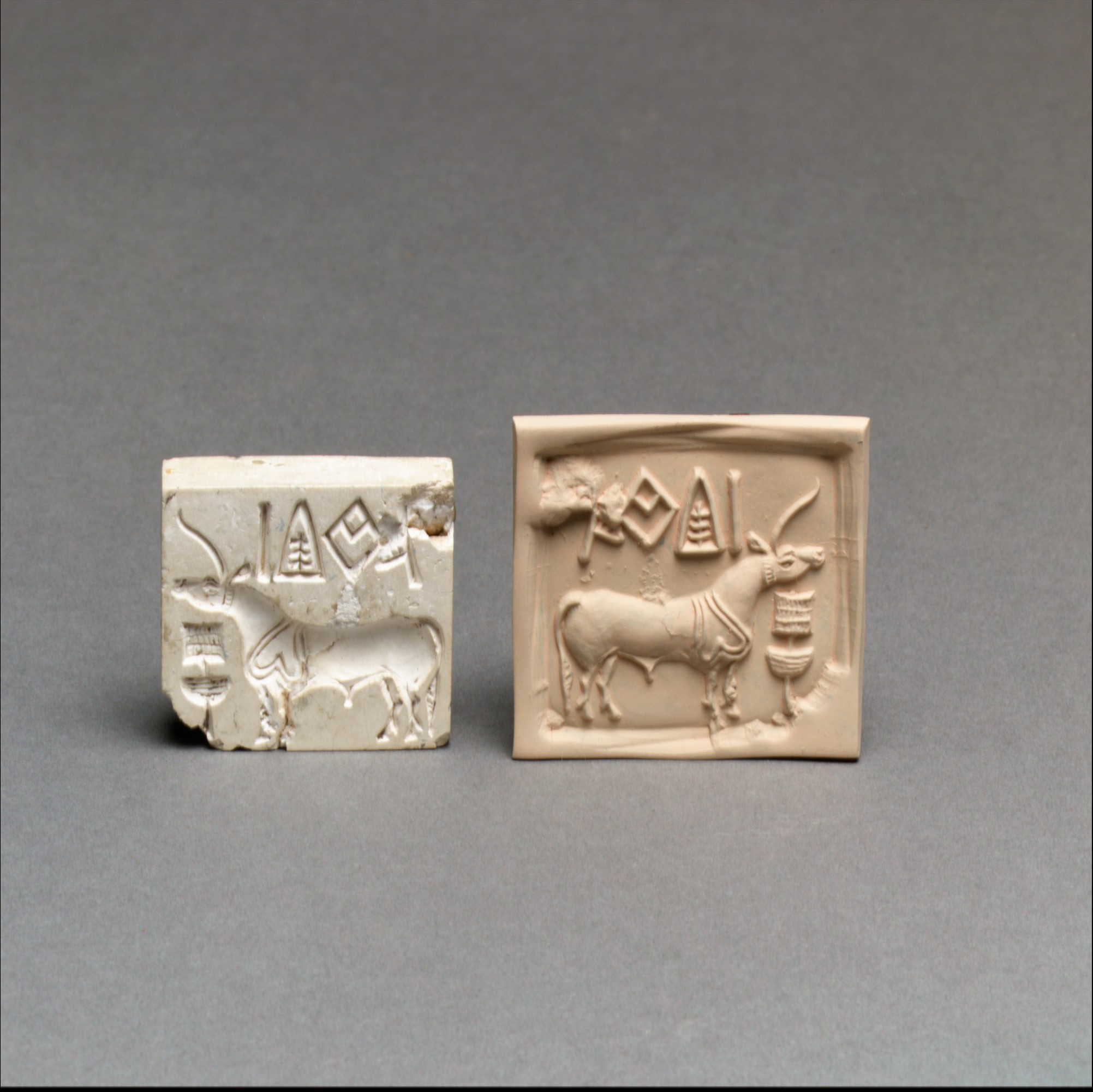 Two small blocks of stone stand next to each other on a gray surface. The one on the left is a white chipped seal with the carving of an animal and some text while the right is tanner and show's the seal's impression