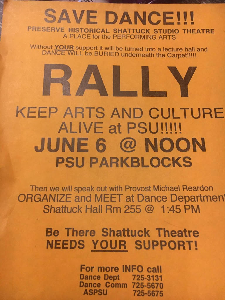 A rally poster from one of the original rallies to save PSU's dance programming during the 1990s, courtesy of Linda K. Johnson.